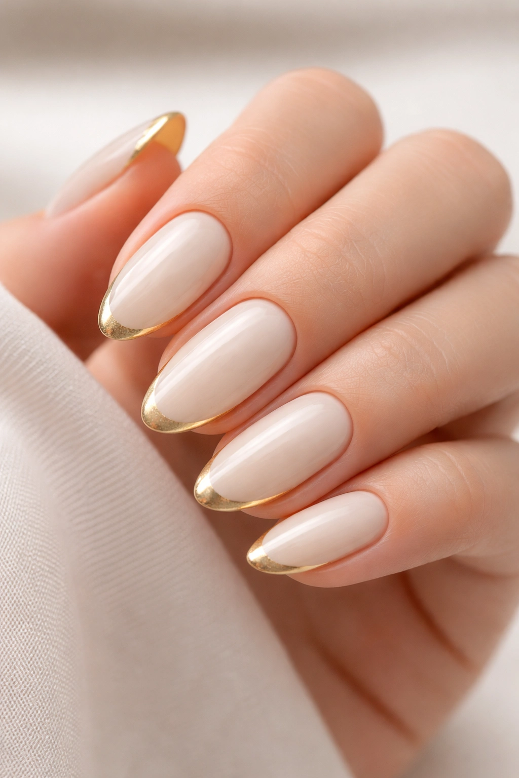 Close-up of nails with cream base and gold French tips on almond-shaped nails