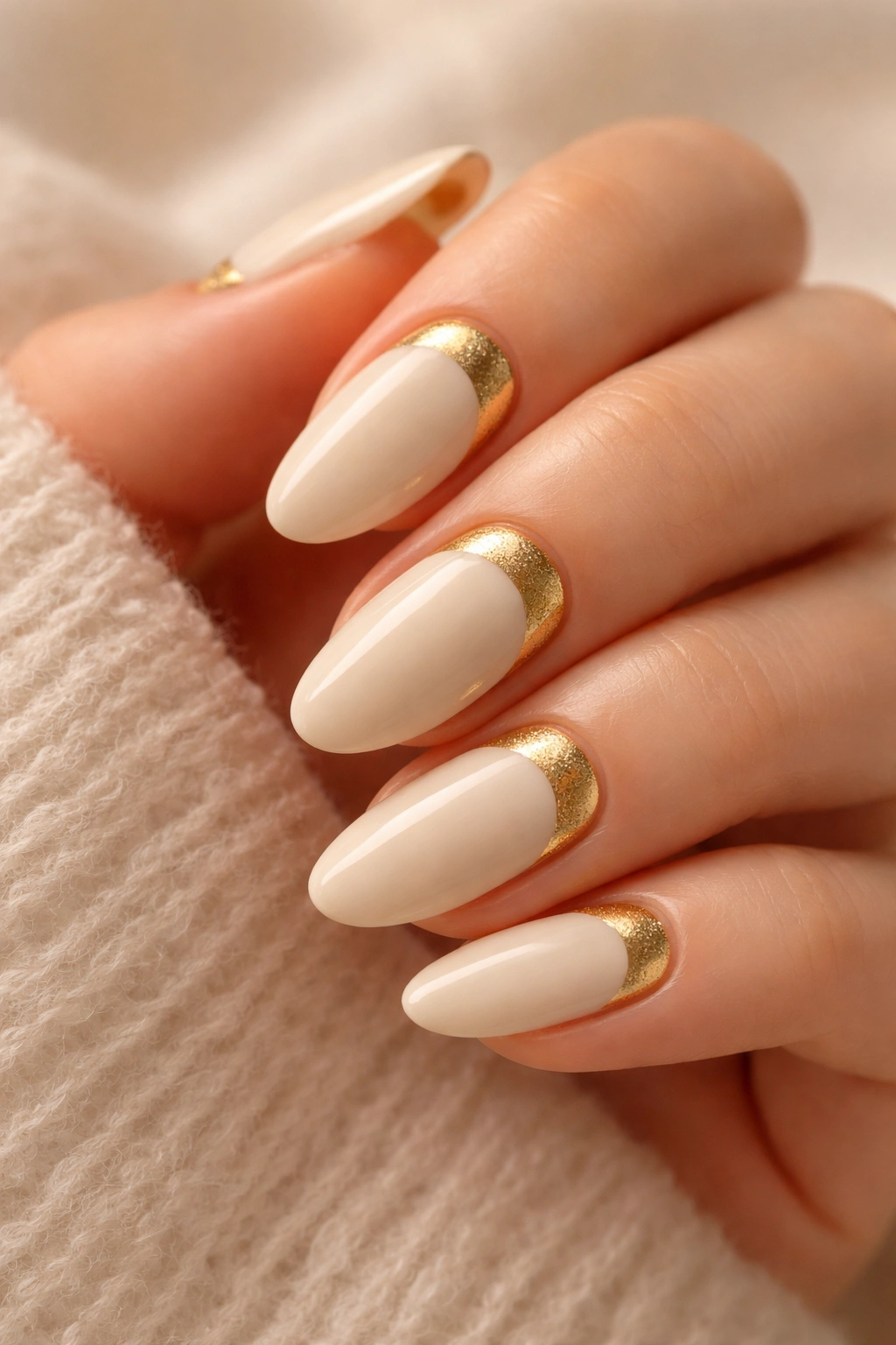 Close-up of nails with gold half-moon design on cream nails