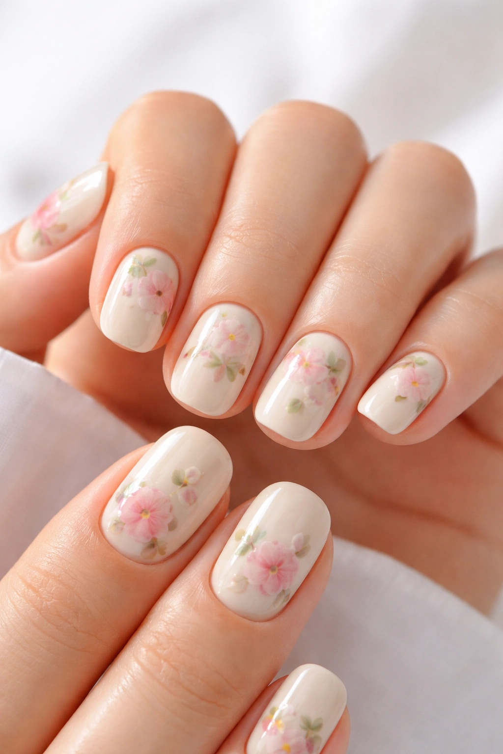 Close-up of cream nails with handpainted floral designs