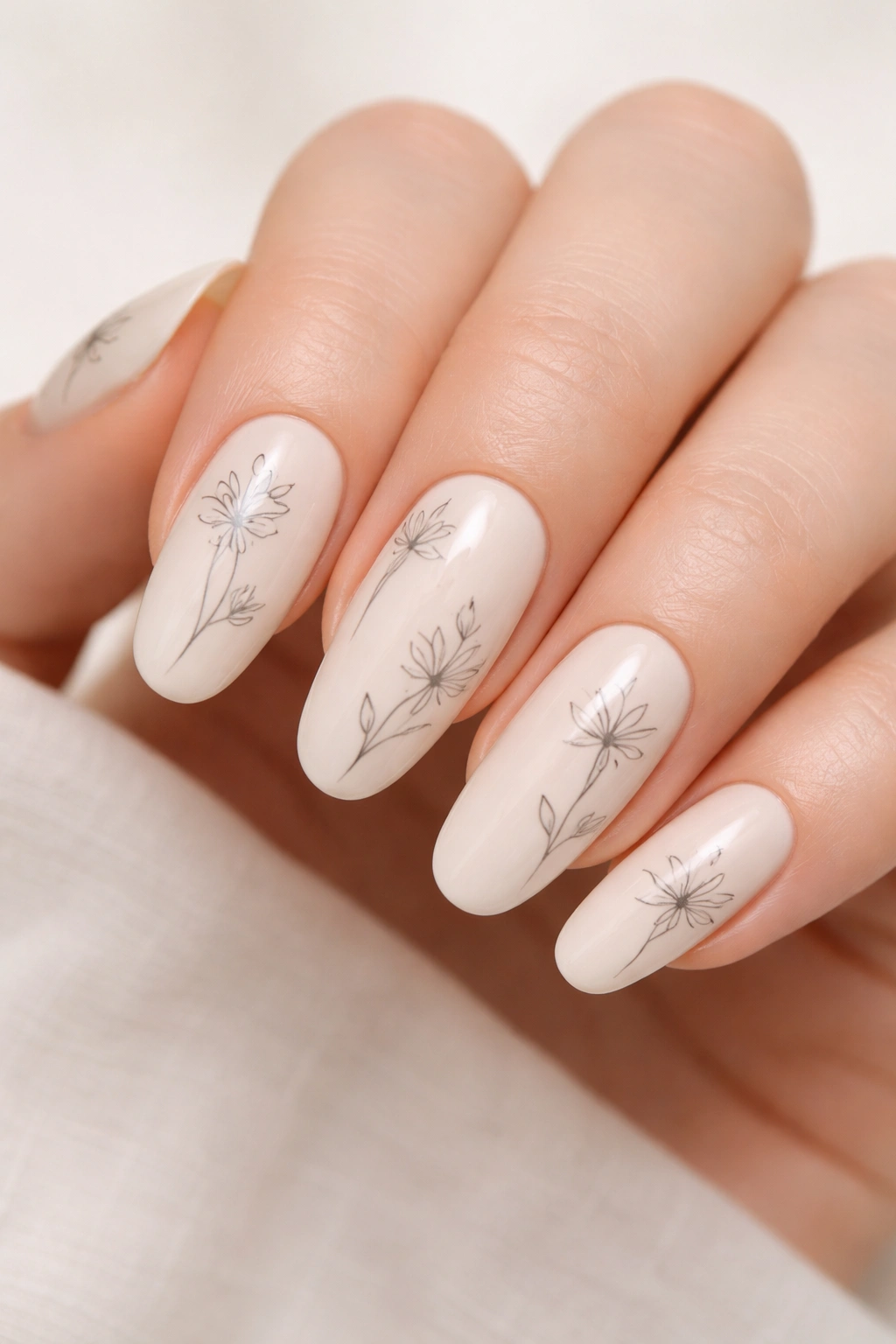 Close-up of cream nails with minimalist black line-art flower accents