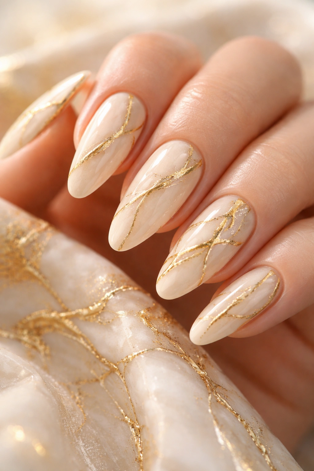 Nails with cream base and gold marble veining