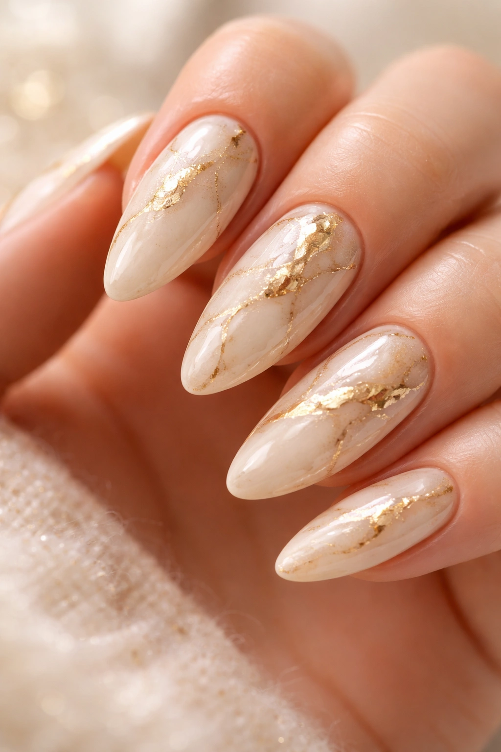 Cream and gold marble nails close-up