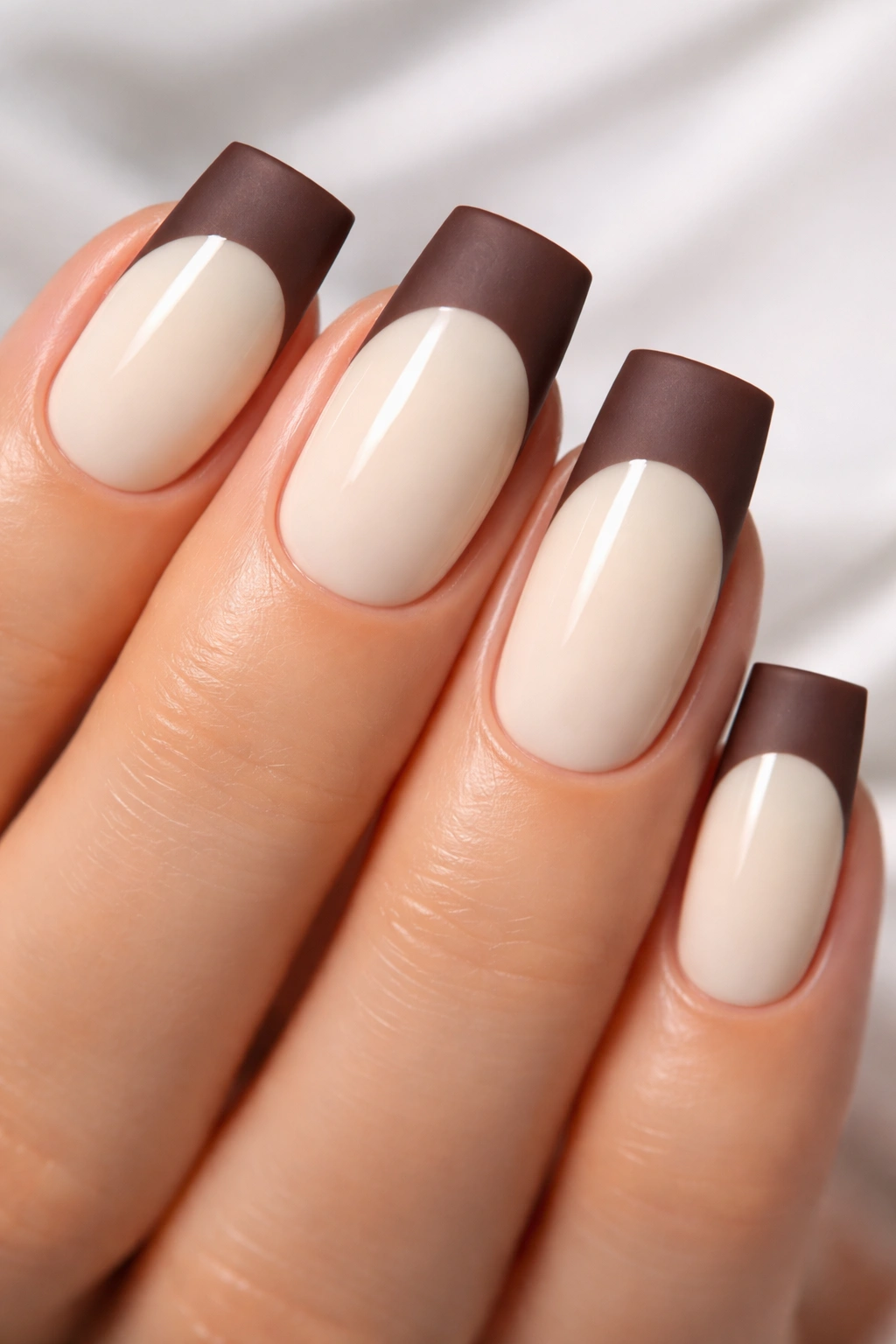 Off-white nails with chocolate brown matte tips