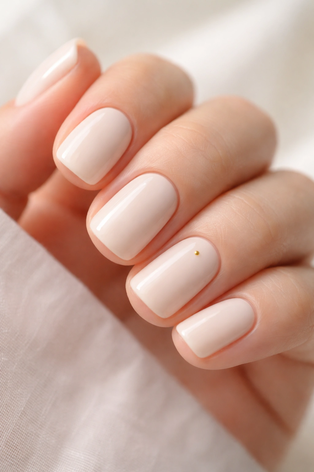 Close-up of cream nails with a tiny accent dot on one nail