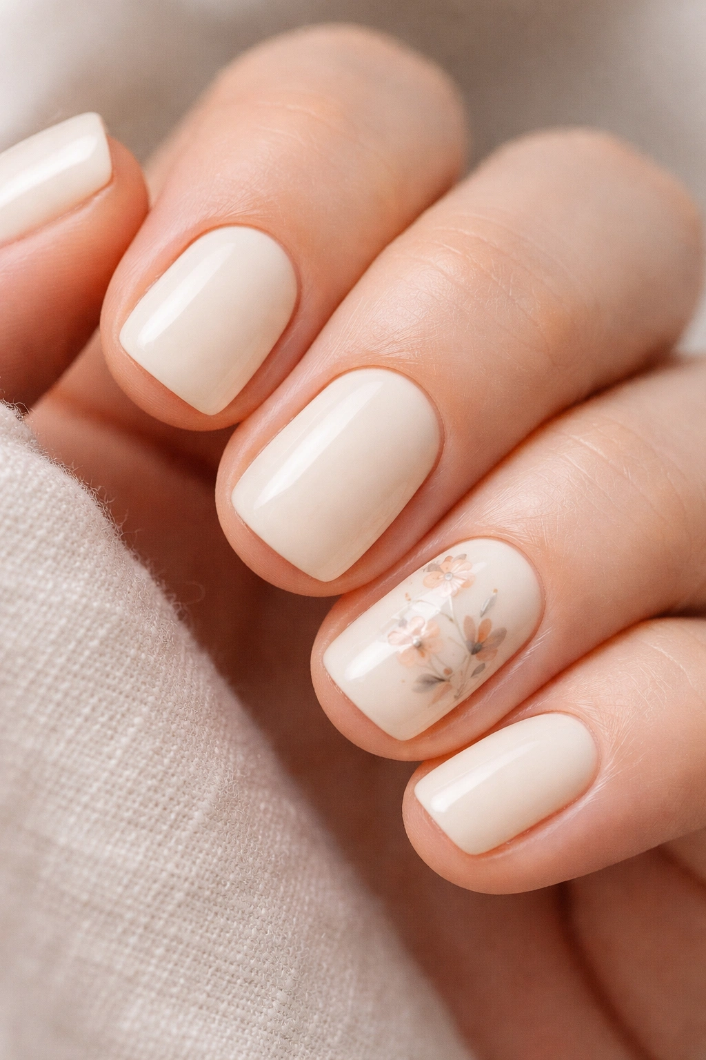 Close-up of cream nails with minimal hand-painted florals on accent nails