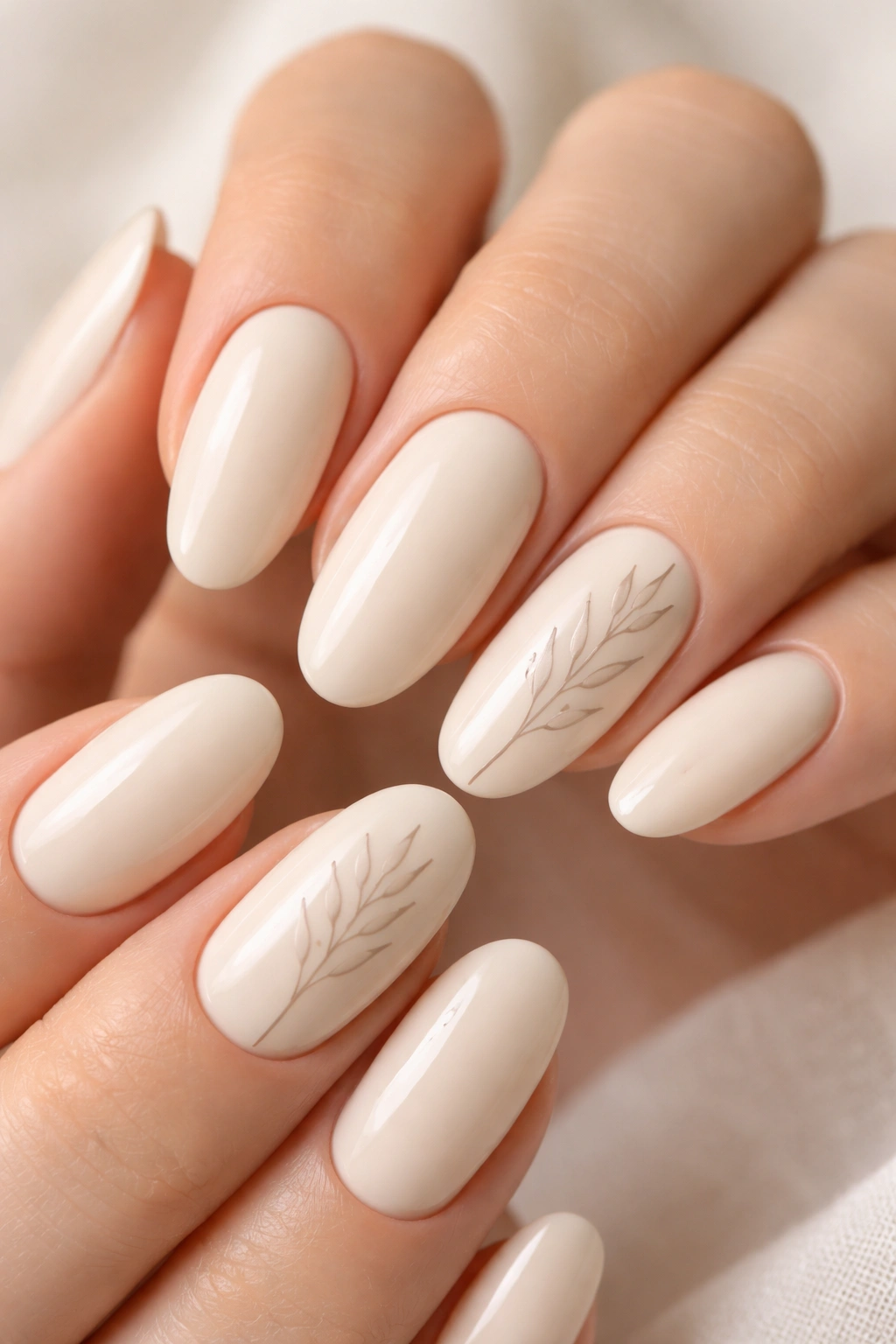 Cream nails with minimalist botanical line art on accent nails