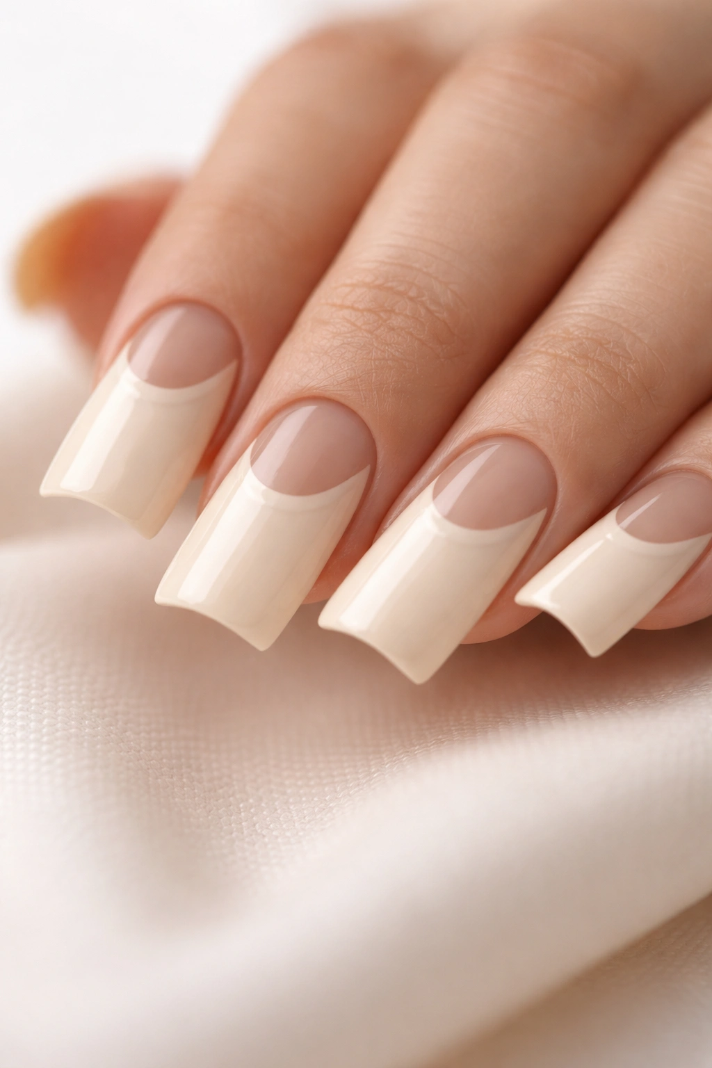 Close-up of cream nails with negative space design along the duck curve