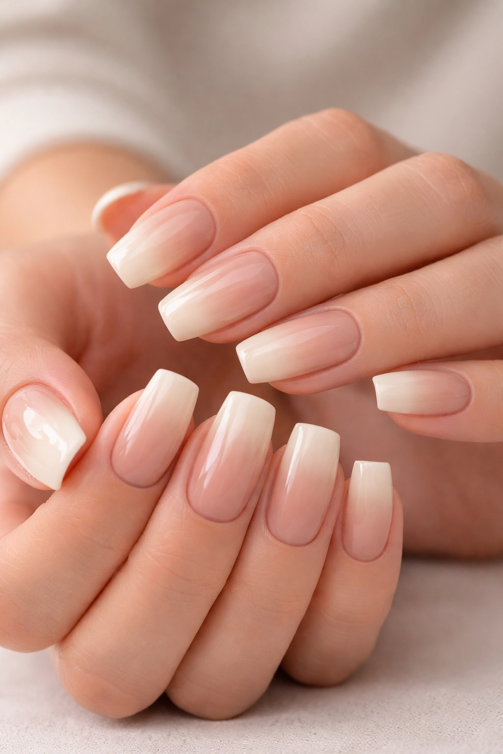 Close-up of cream nails with nude ombre gradient