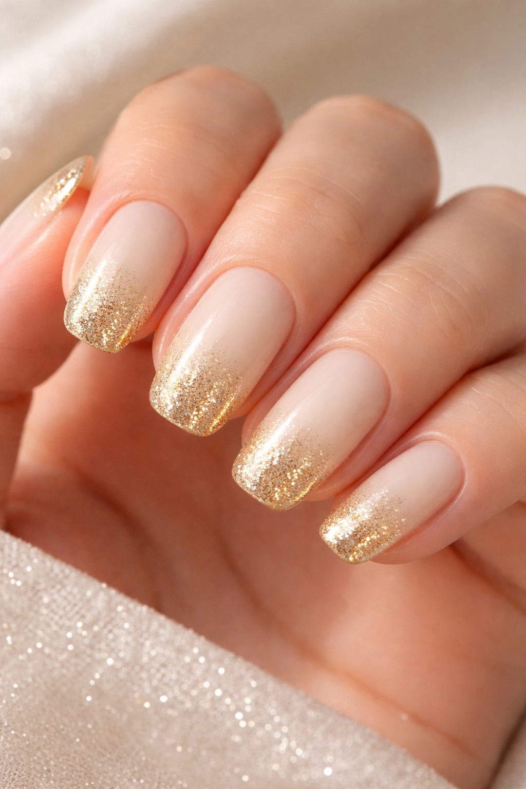 Cream ombré nails with gold glitter tips close-up