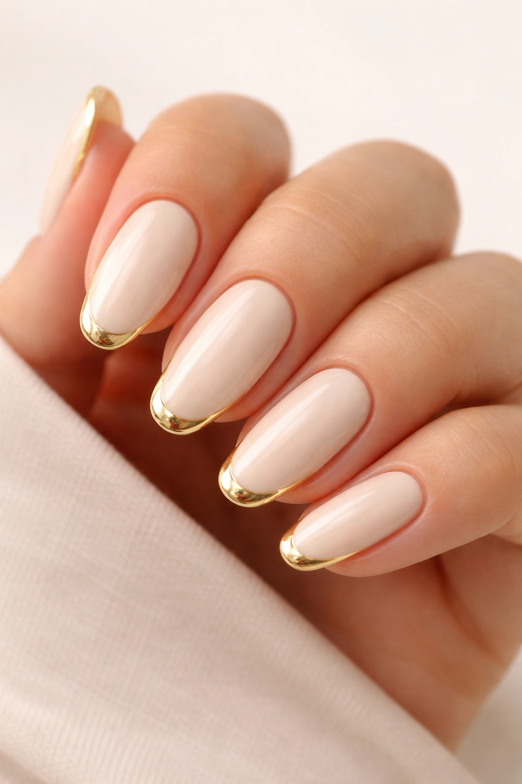 Nails with cream base and gold outline along the French tip