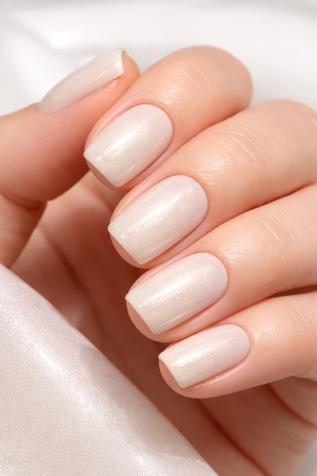 Close-up of cream nails with subtle pearl shimmer on short squoval nails