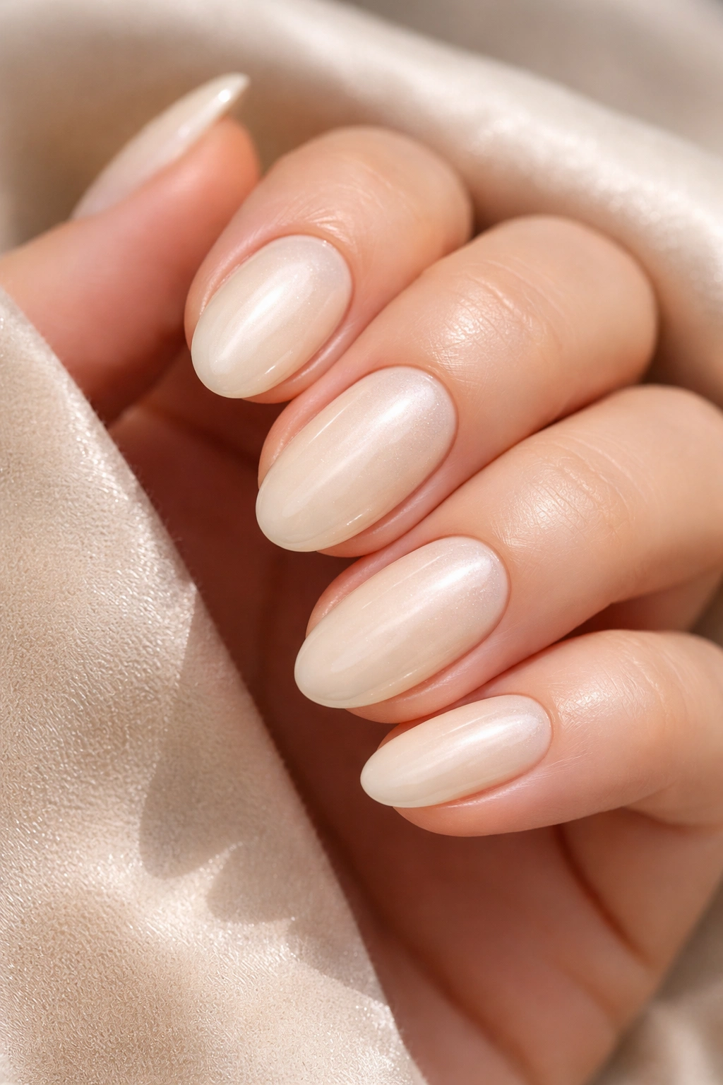 Cream almond nails with soft pearl finish and gentle sheen