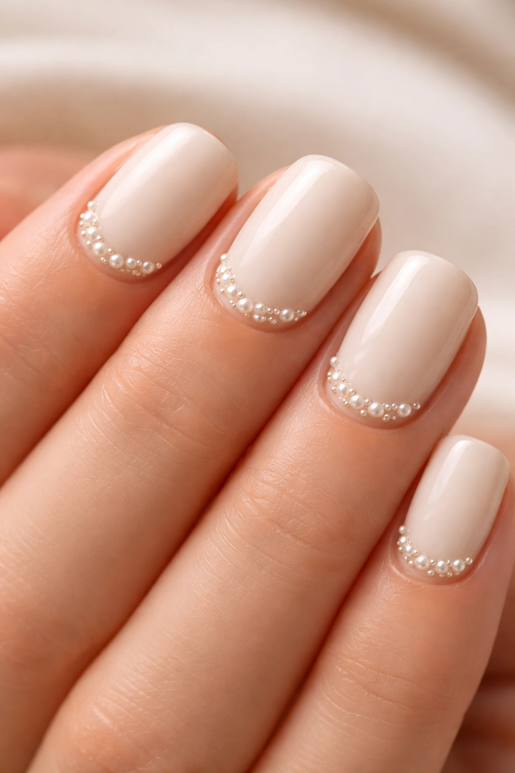 Close-up of cream nails with embedded pearls at the base