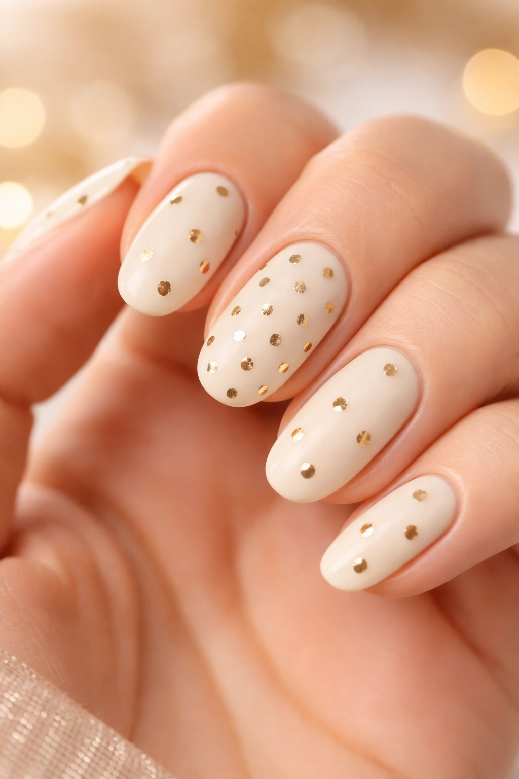 Close-up of cream nails with gold polka dot design