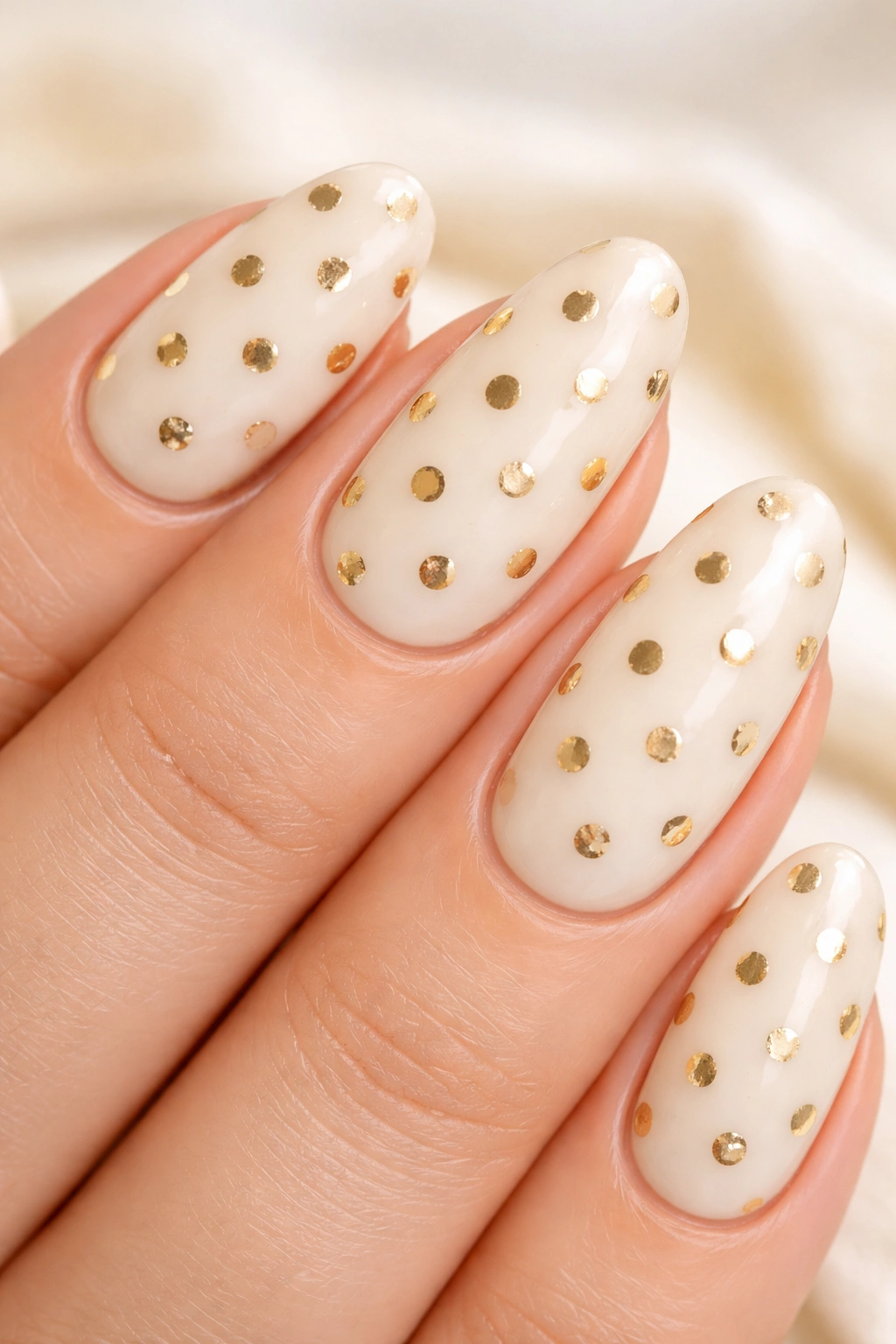 Cream nails with gold polka dot pattern