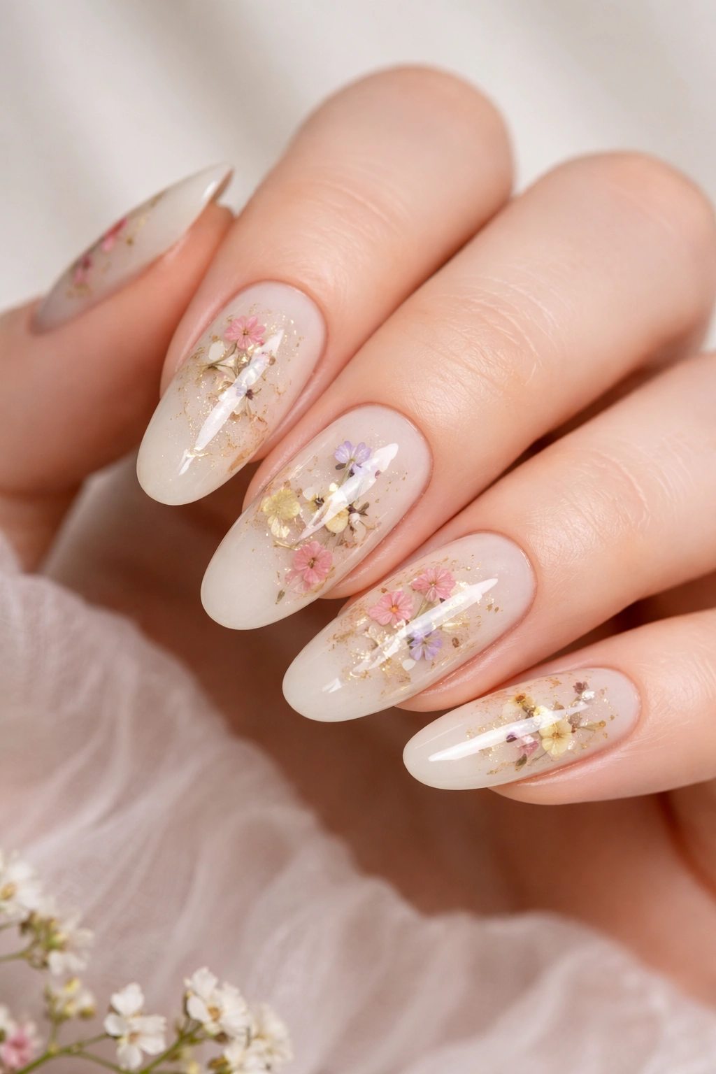 Cream nails with visible pressed flowers under clear topcoat on long ovals