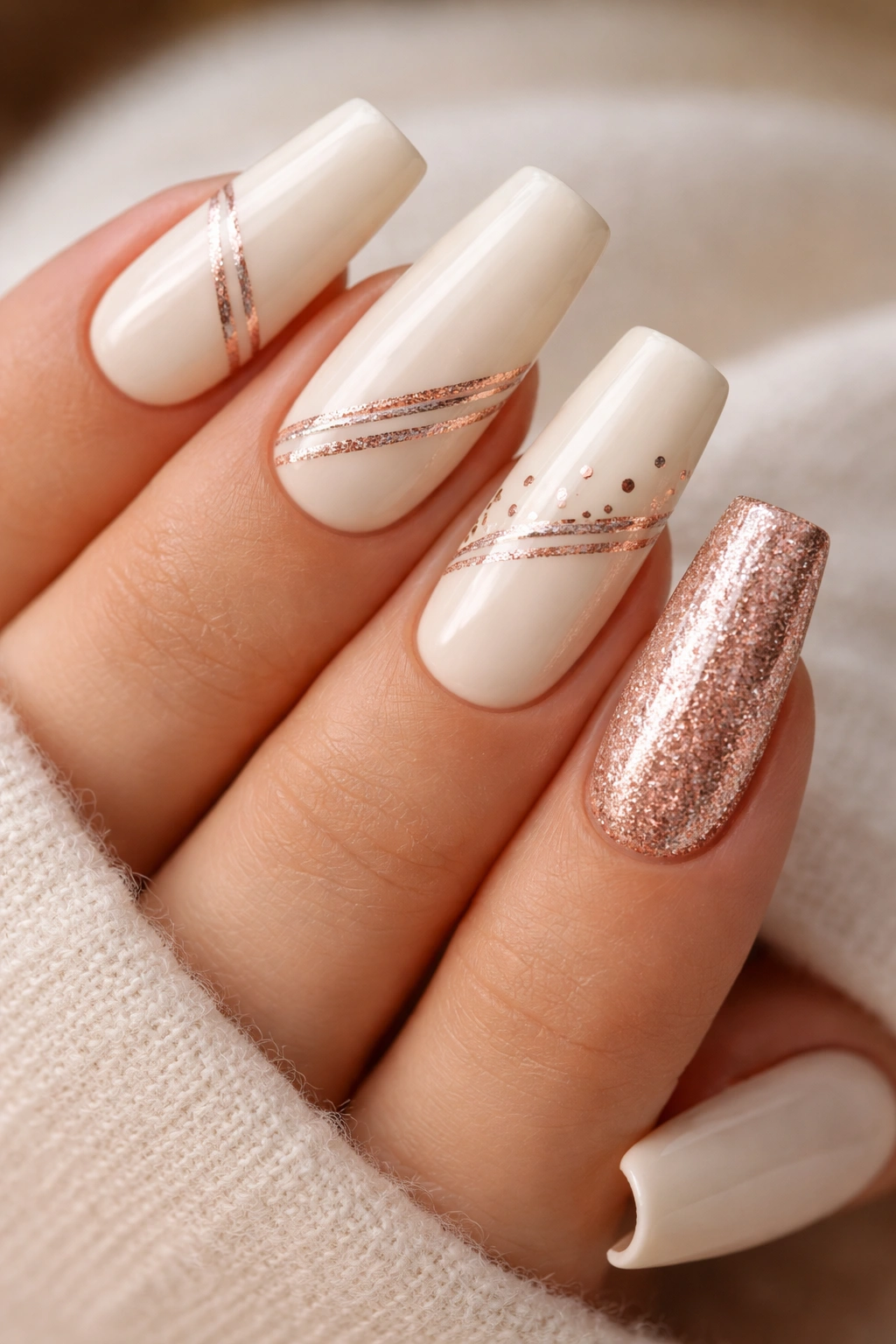 Cream coffin nails with rose gold accents on a neutral background