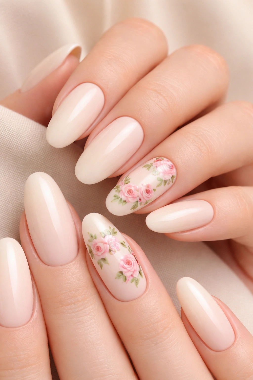 Cream nails with delicate hand-painted roses on accent nails