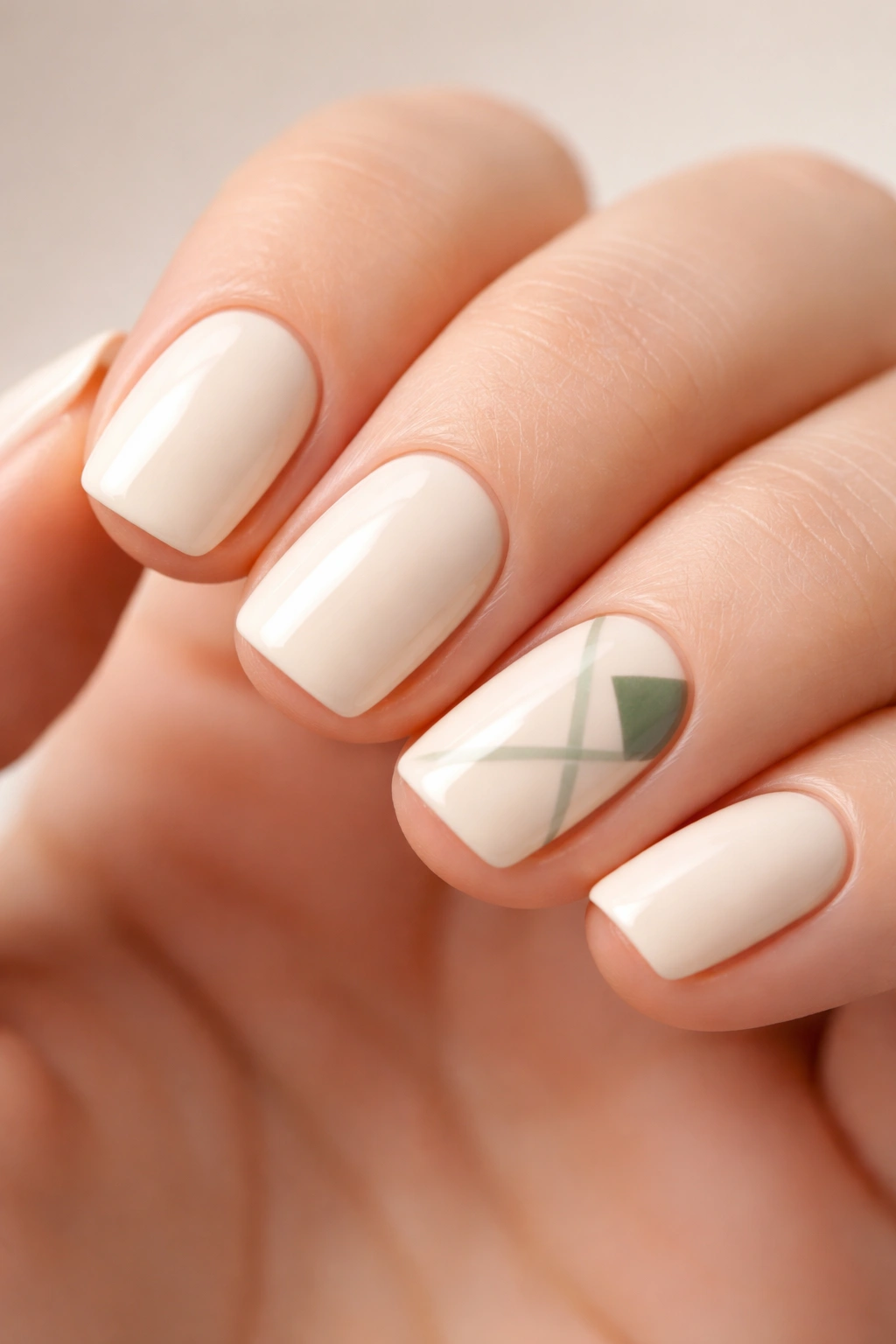 Close-up of cream nails with sage green geometric accent on one nail