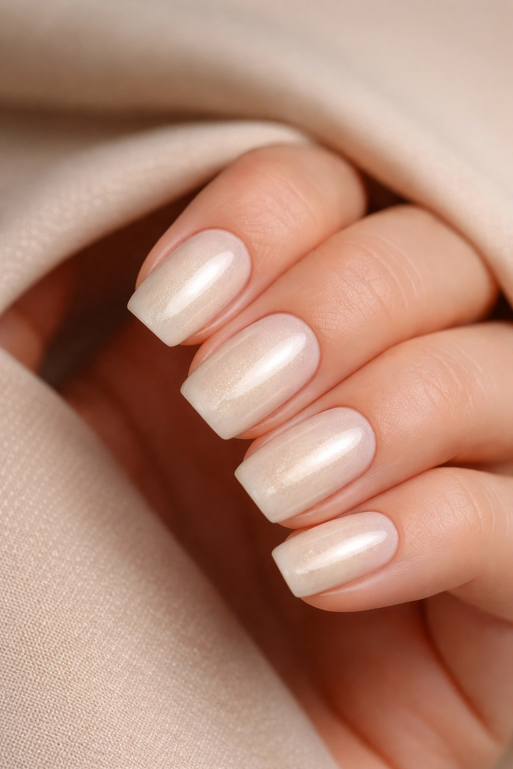 Close-up of short squoval nails in warm cream with subtle shimmer on a hand