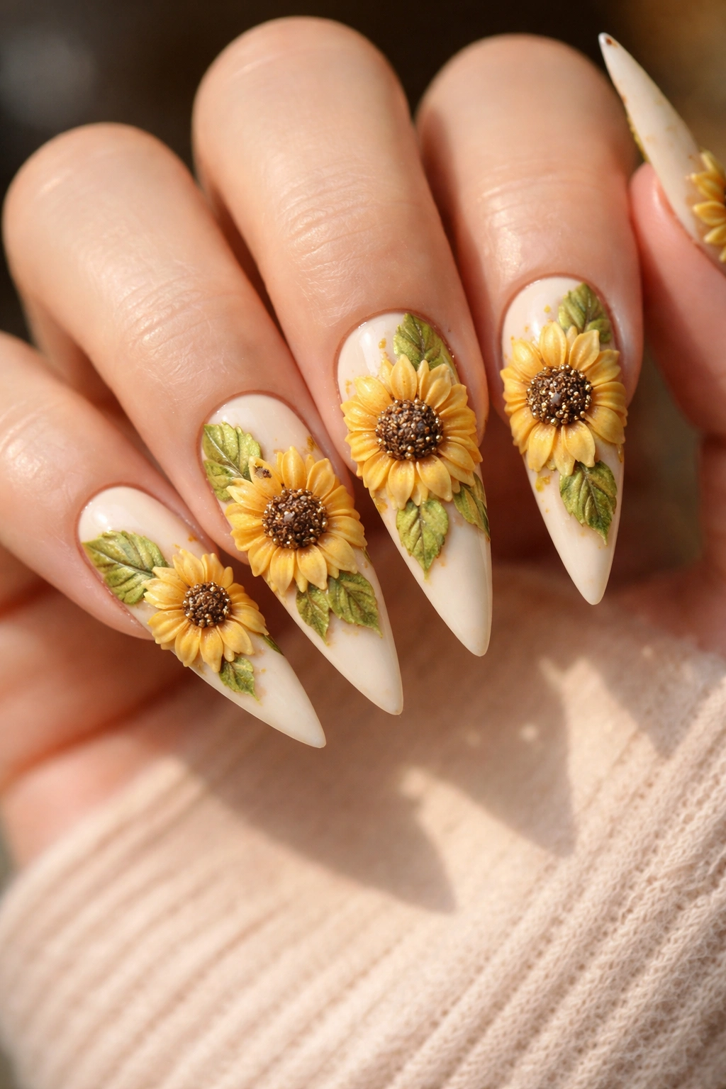 Close-up cream stiletto nails with raised sunflowers