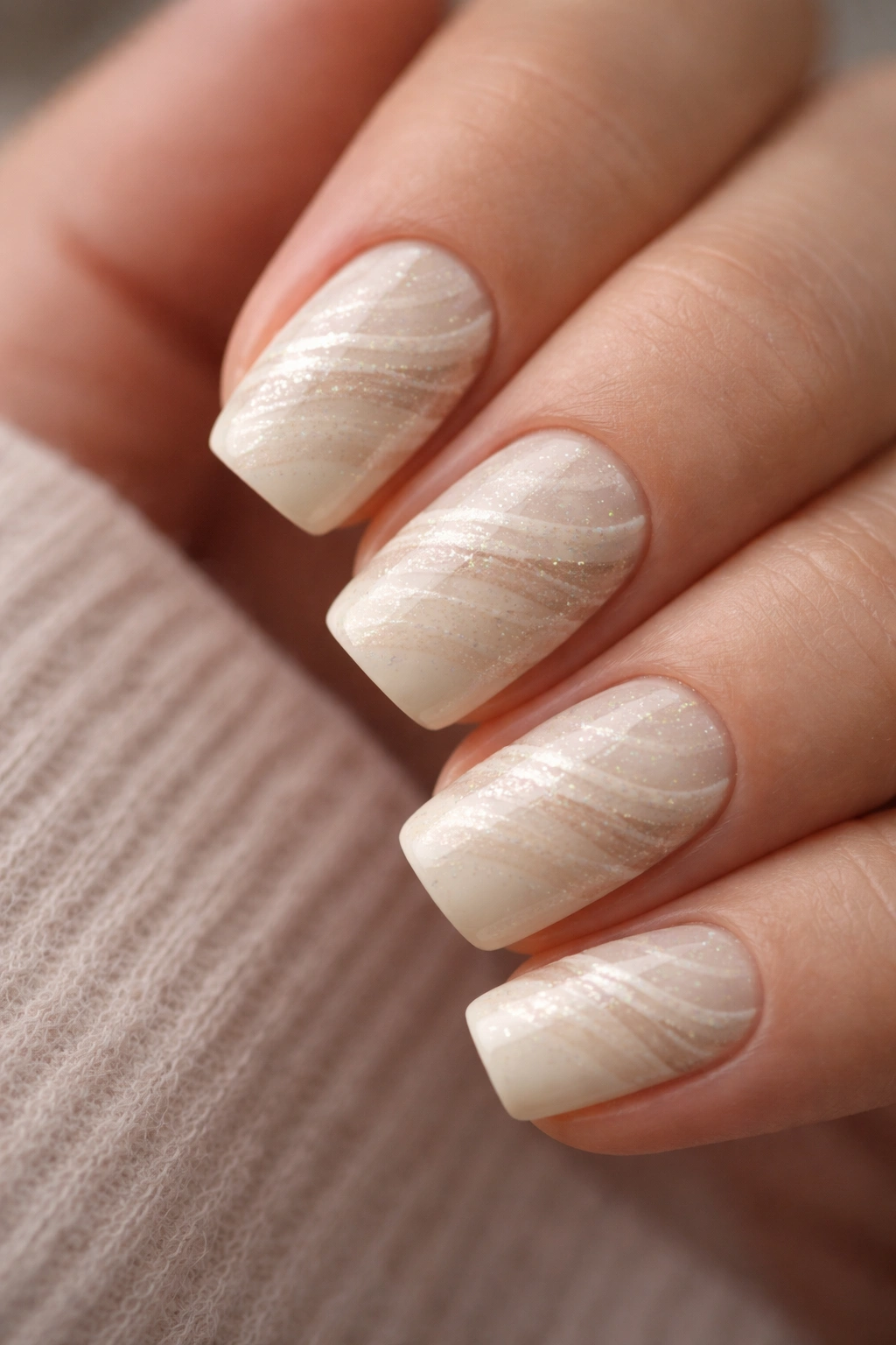 Cream nails with layered texture on short squoval tips