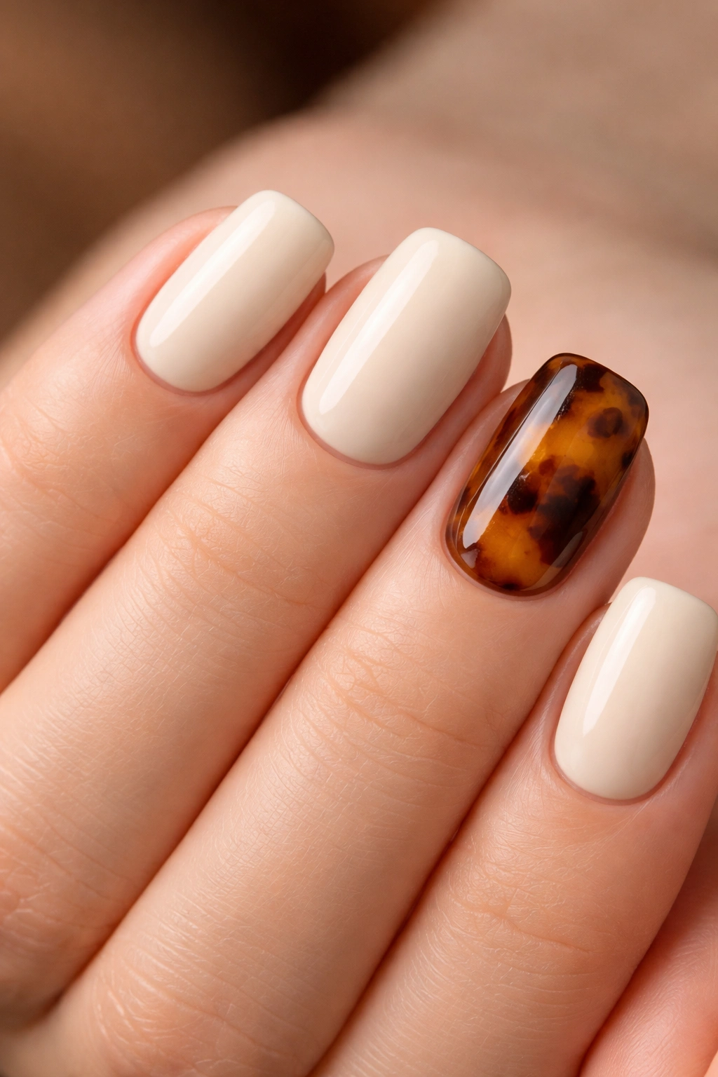 Cream nails with tortoiseshell accent close-up