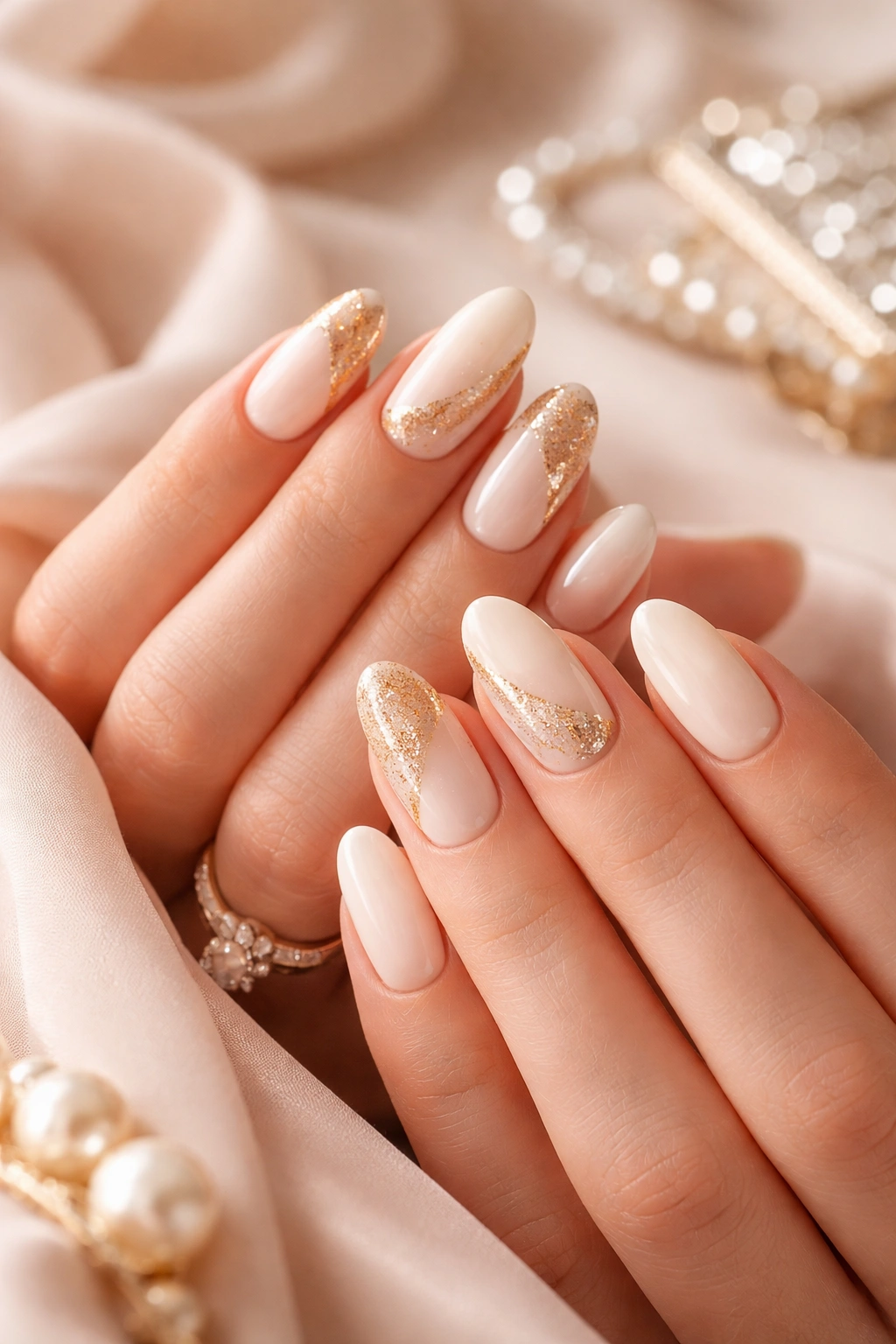 Close-up of versatile cream and gold nails suitable for weddings and holidays