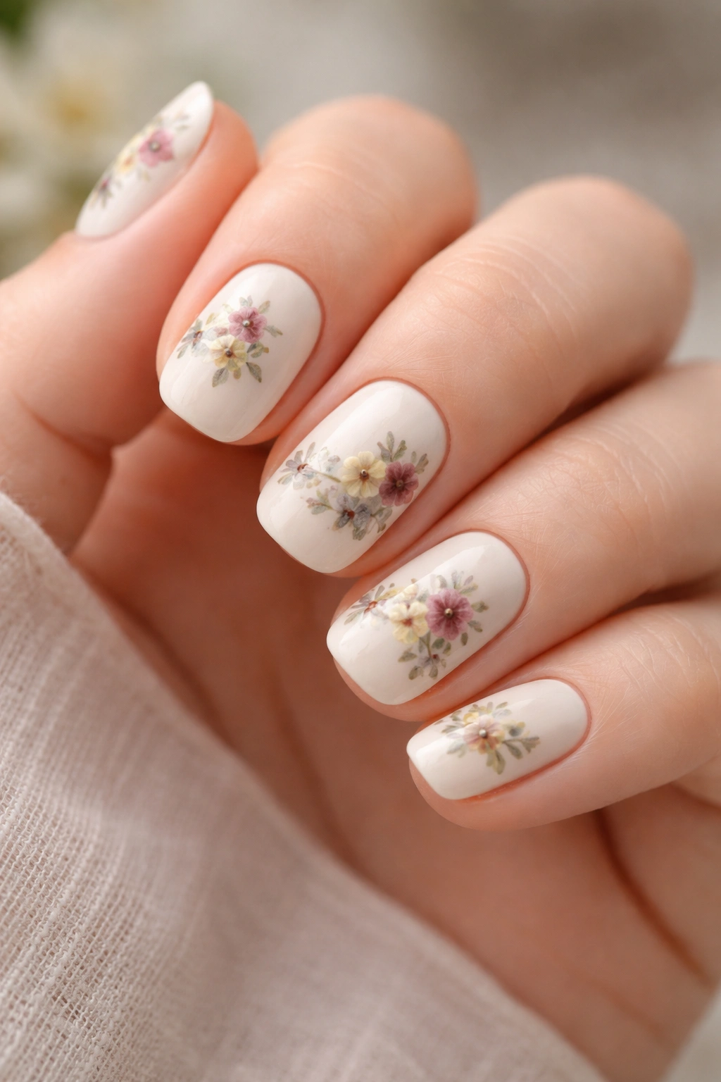Close-up of cream nails with vintage muted floral motifs on short squoval nails
