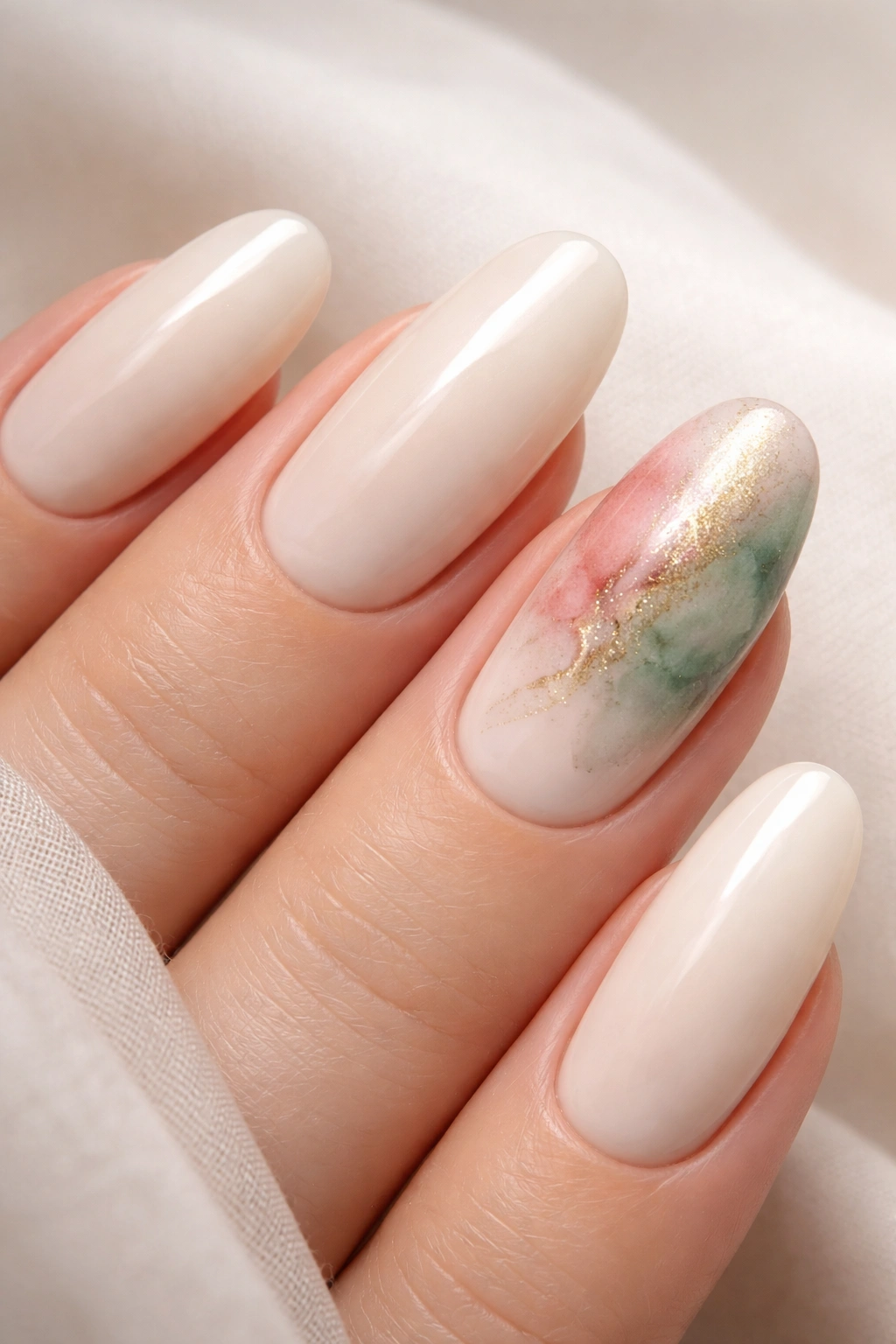 Cream nails with watercolor gradient on accent nail