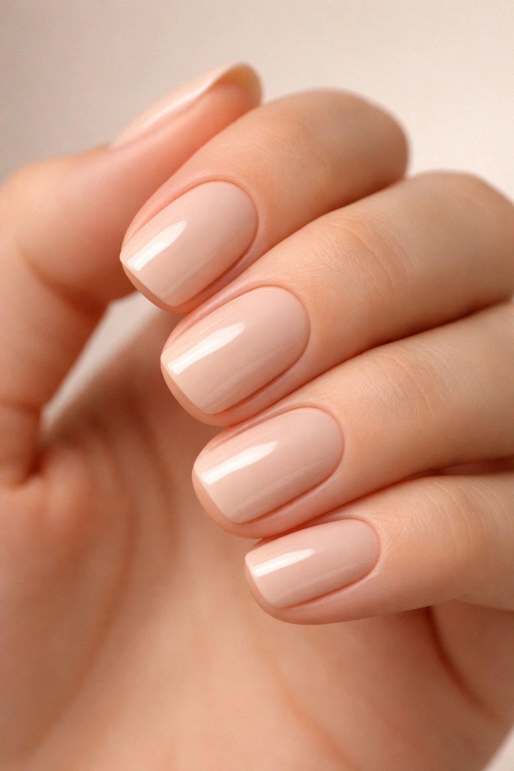Close-up of cream nude gel-finish short squoval nails on a bare hand