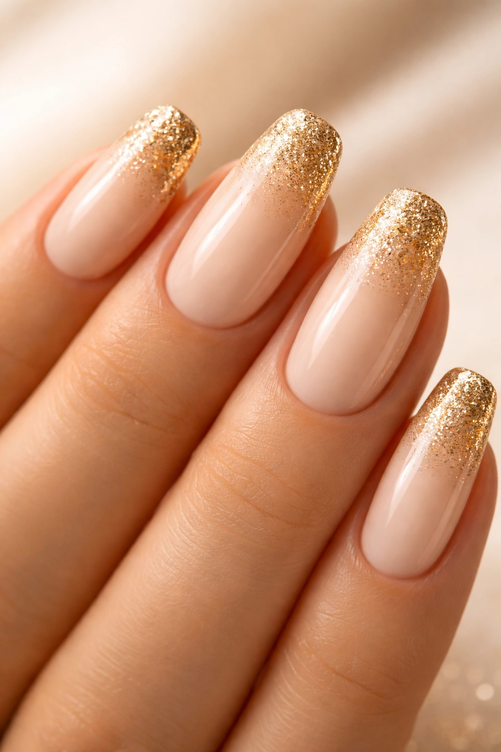 Nails with cream-to-gold ombré and glitter tips