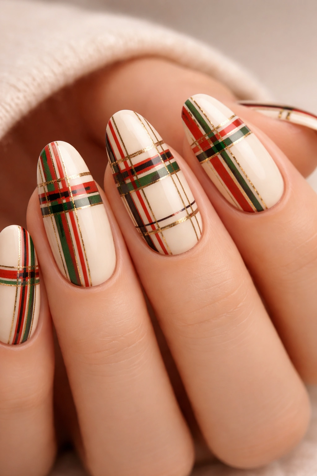 Cream base nails with red, green, and gold plaid pattern on long ovals