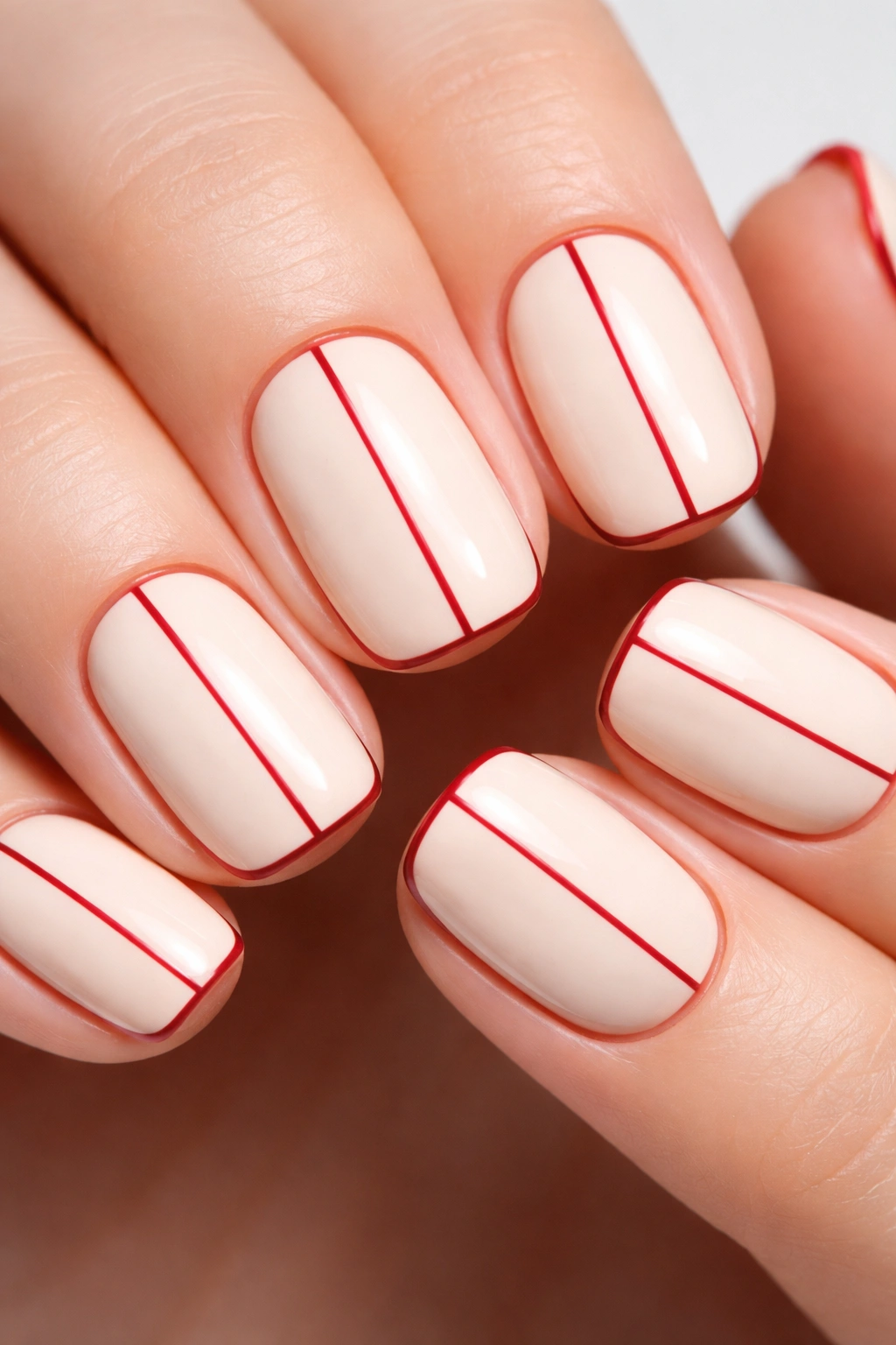 Close-up of soft cream nails with red outline and center line