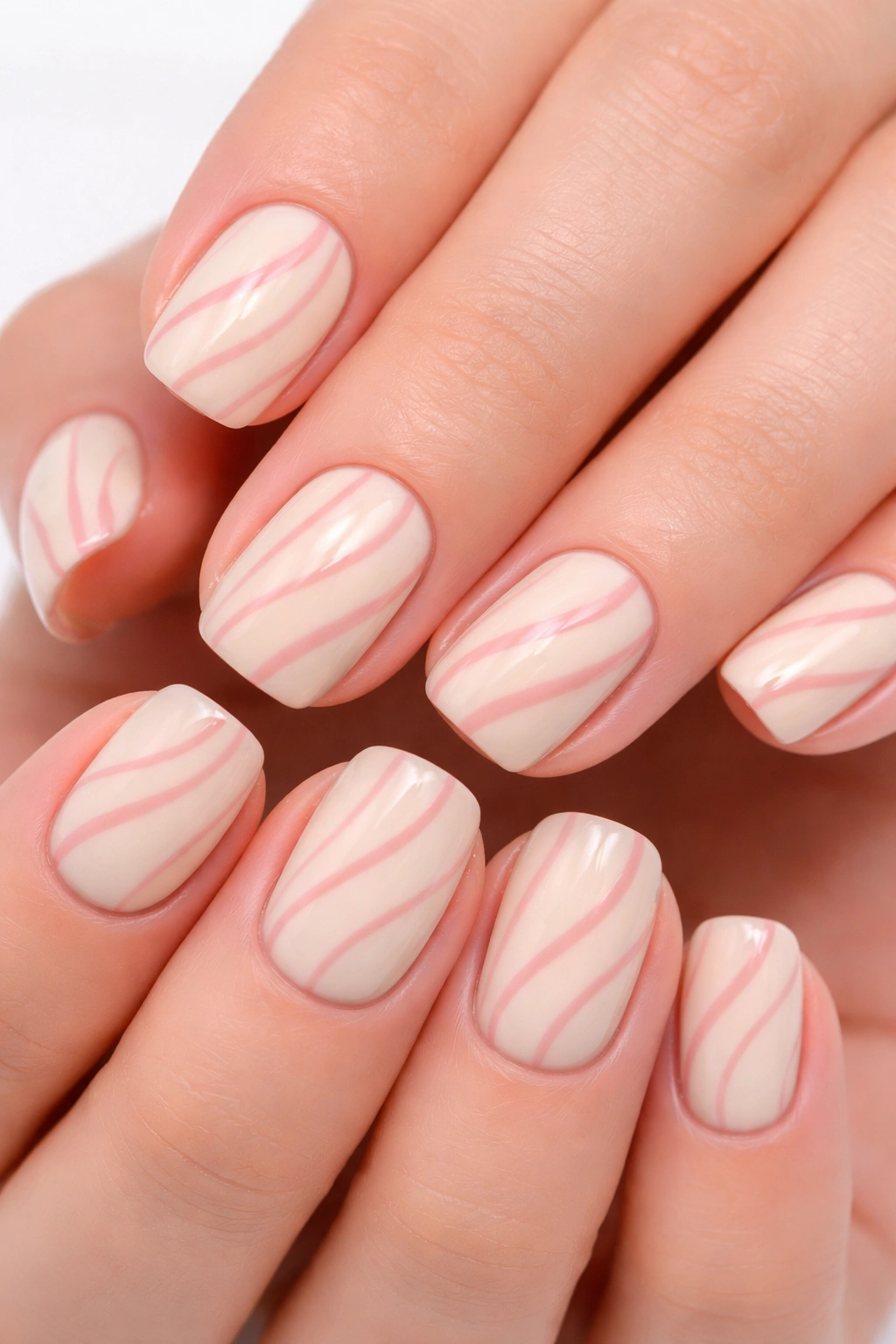 Close-up of short squoval nails with a cream base and rose stripes