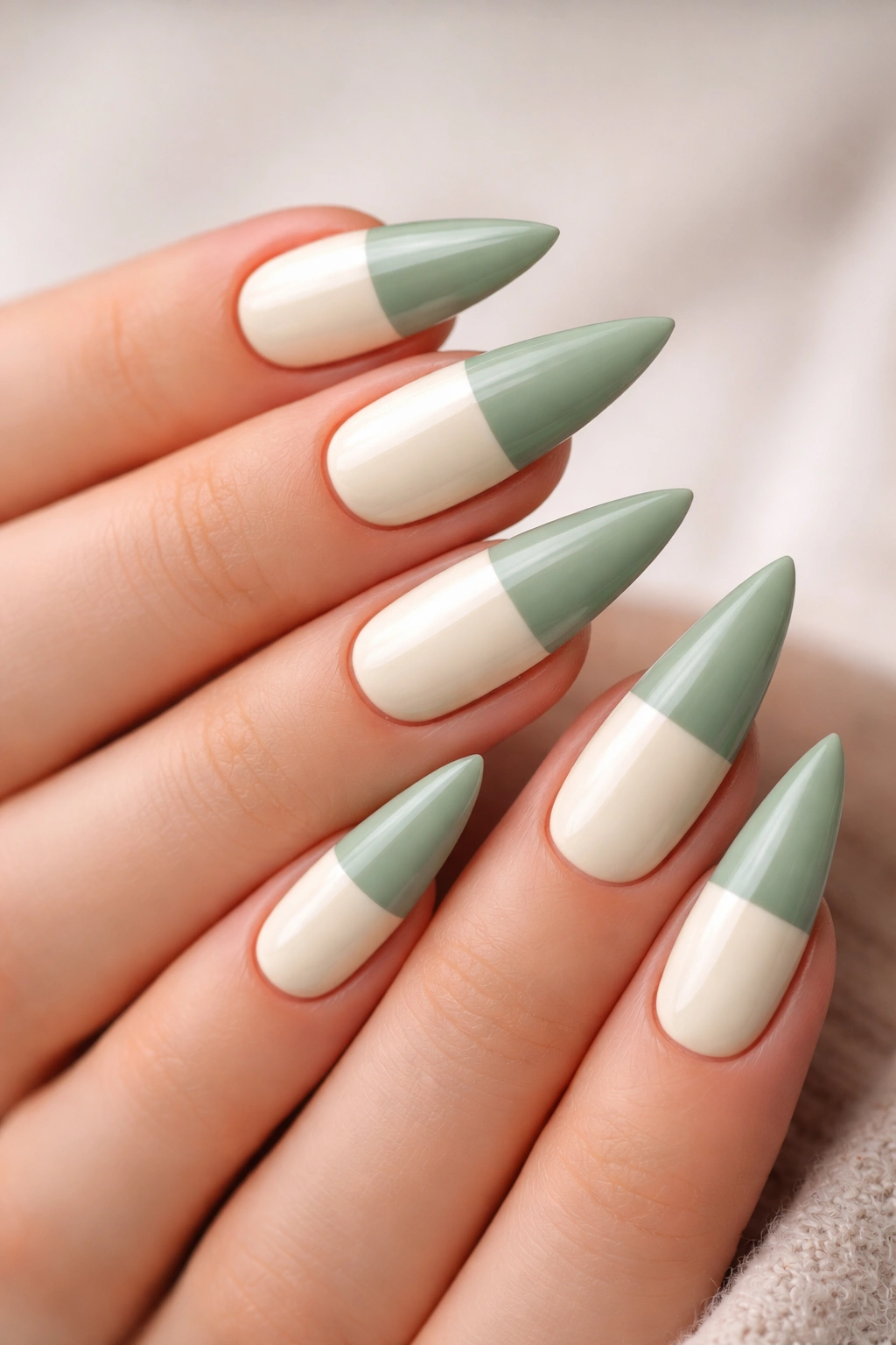 Close-up of stiletto nails with cream and sage color block