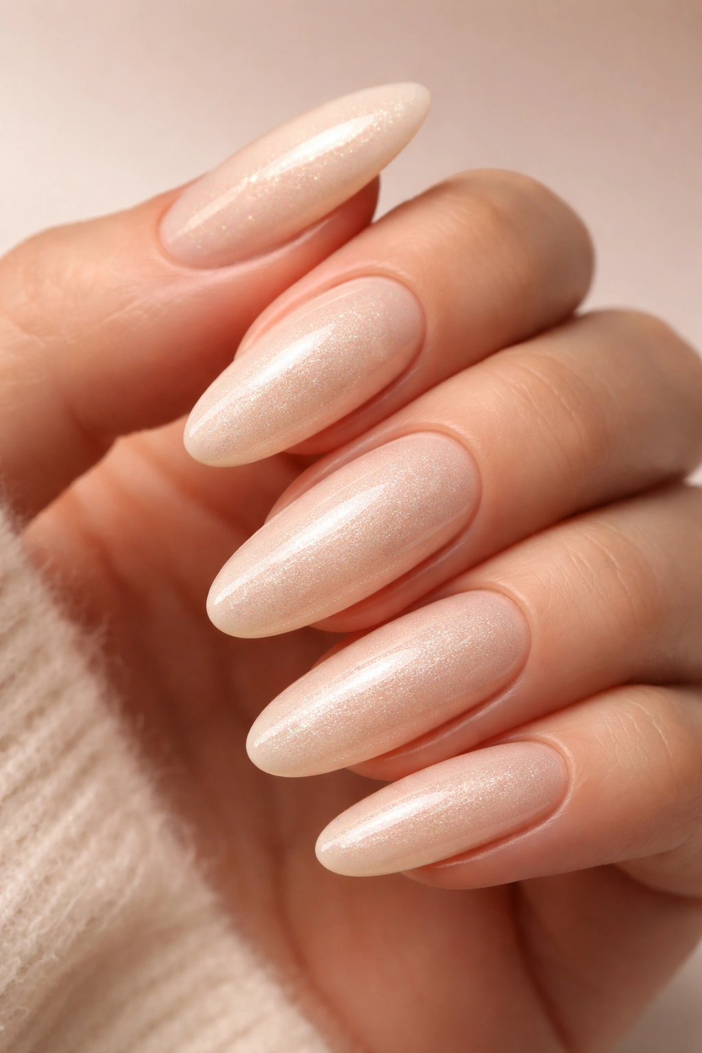 Close-up of long round acrylic nails in warm cream with subtle shimmer