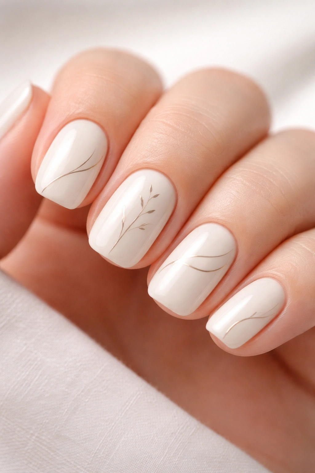 Close-up of cream squoval nails with hand-painted fine line art