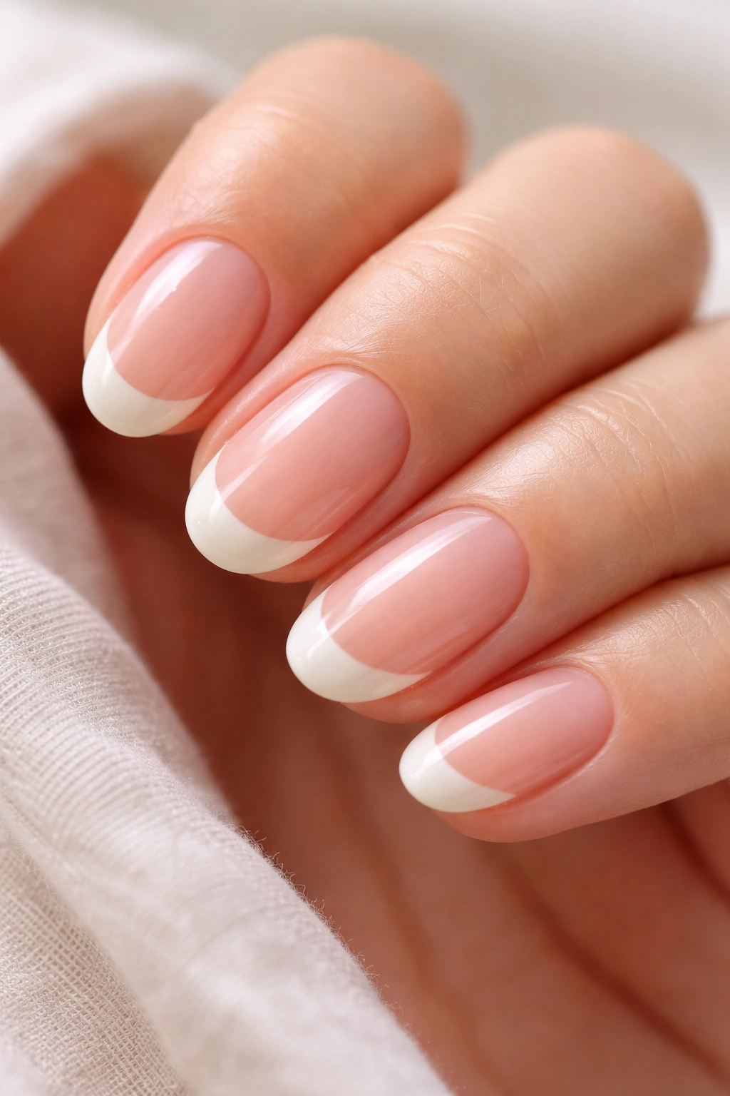 Close-up of short oval nails with cream tips on pink jelly base.