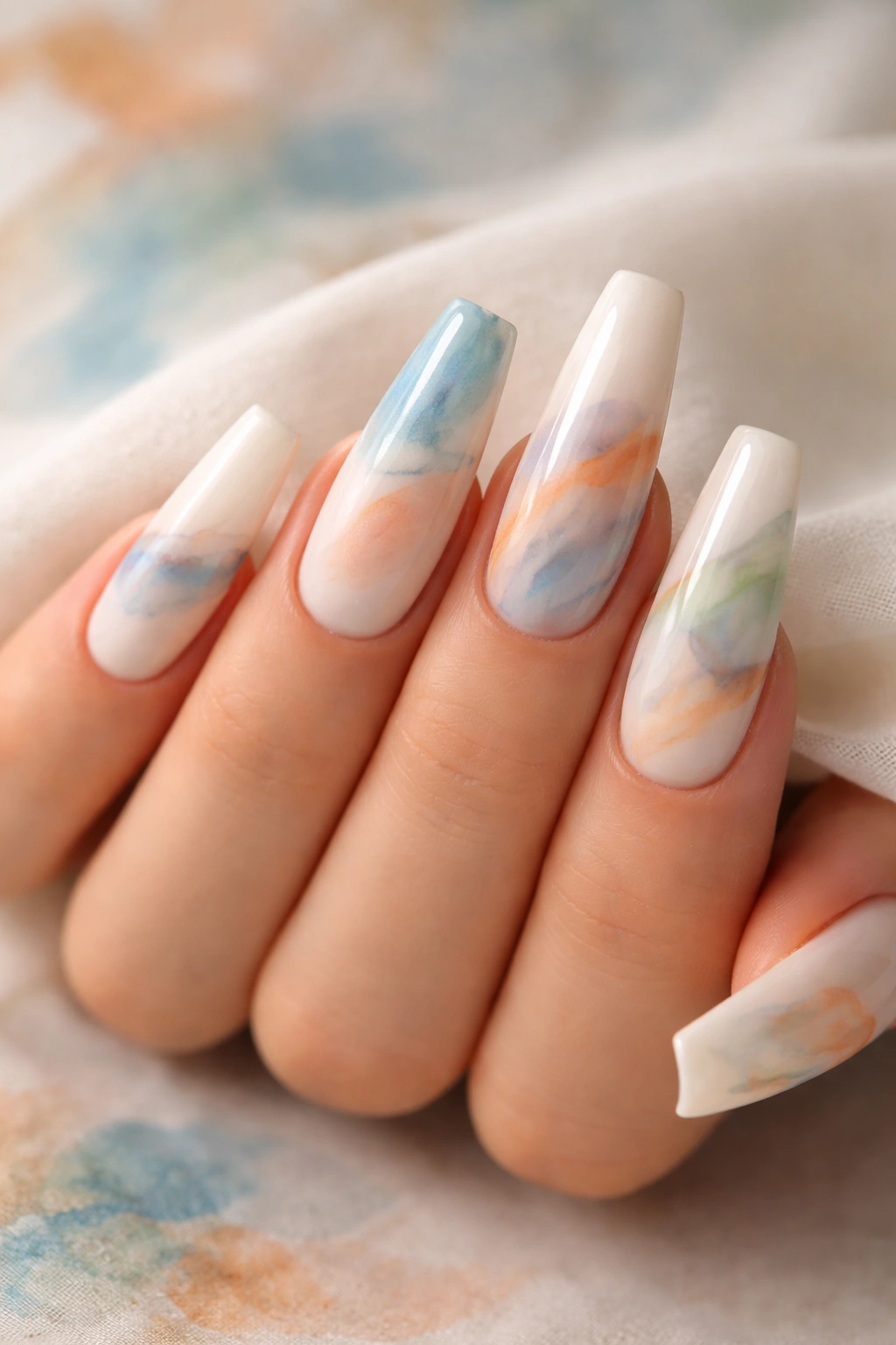 Close-up of cream coffin nails with abstract watercolor washes