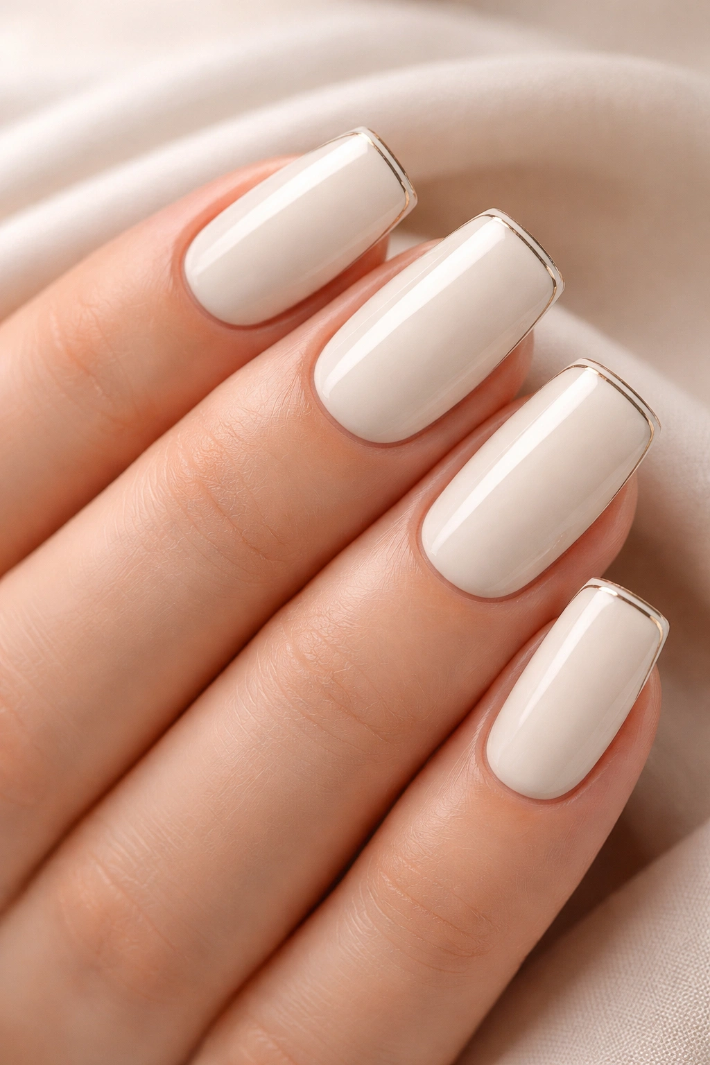 Cream white nails with fine lining details on soft-square shape