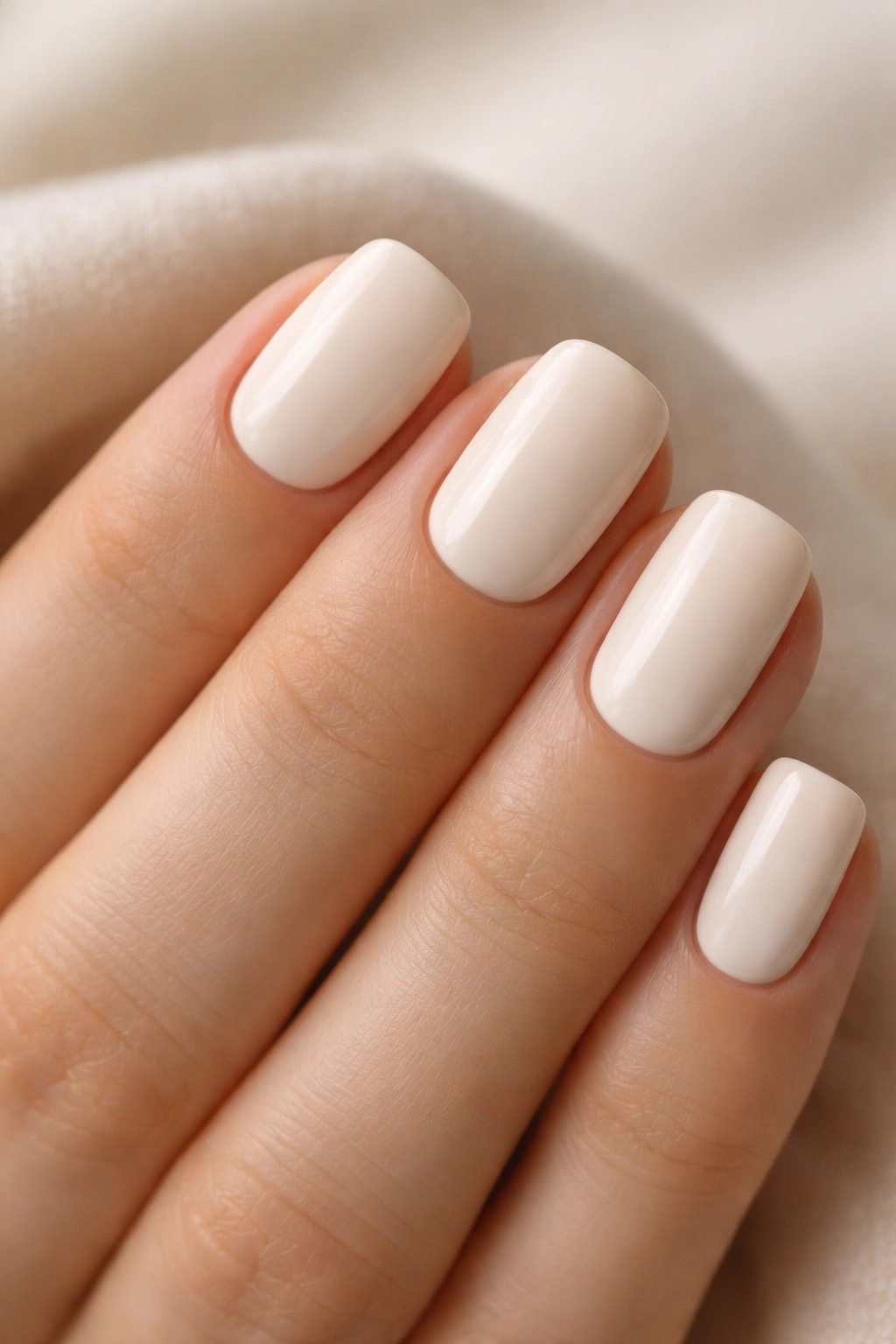 Close-up of creamy off-white nails on short squoval nails for minimalist look