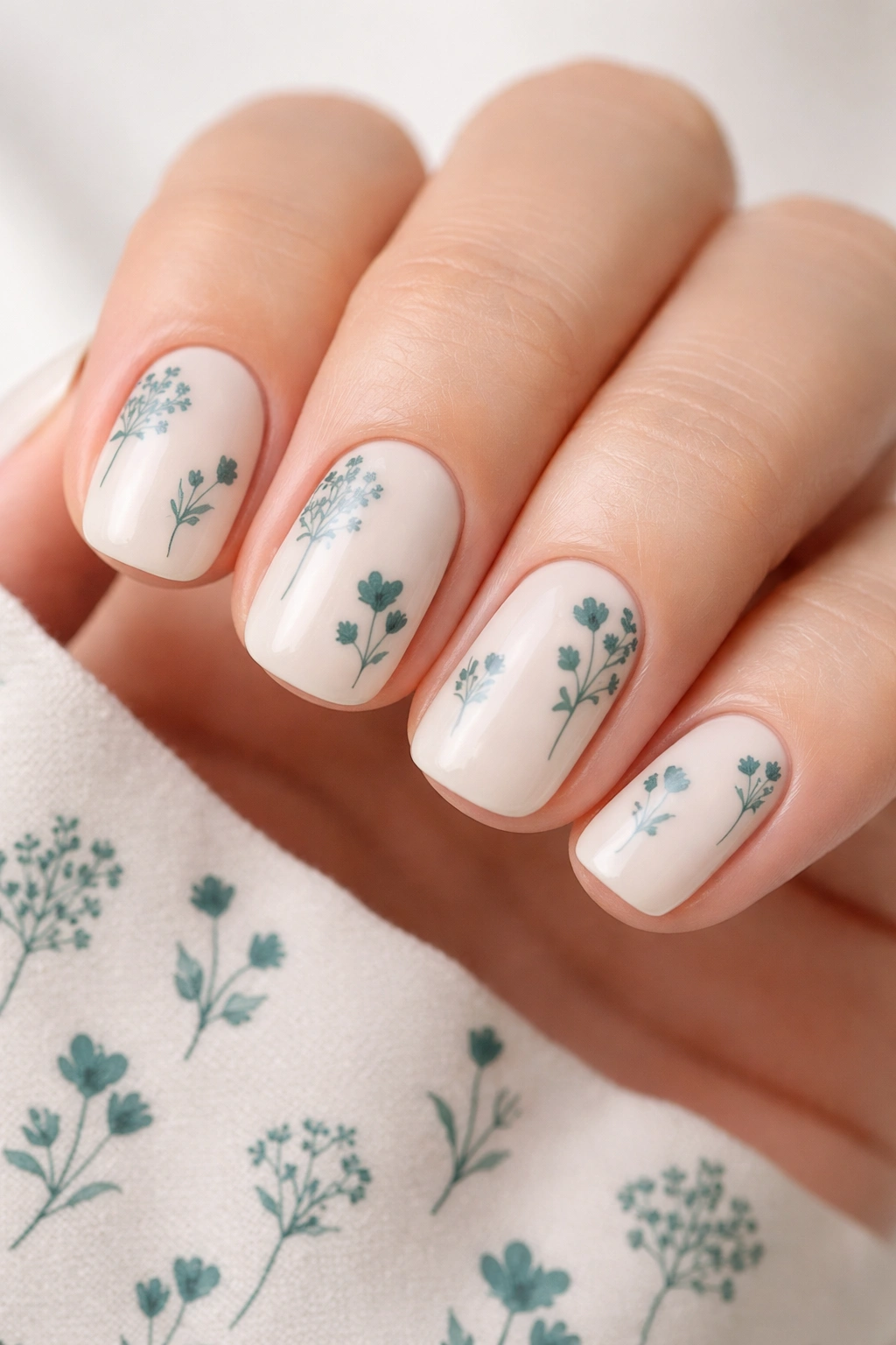 Close-up of cream-white nails with scattered dark teal wildflower silhouettes on short squoval shapes