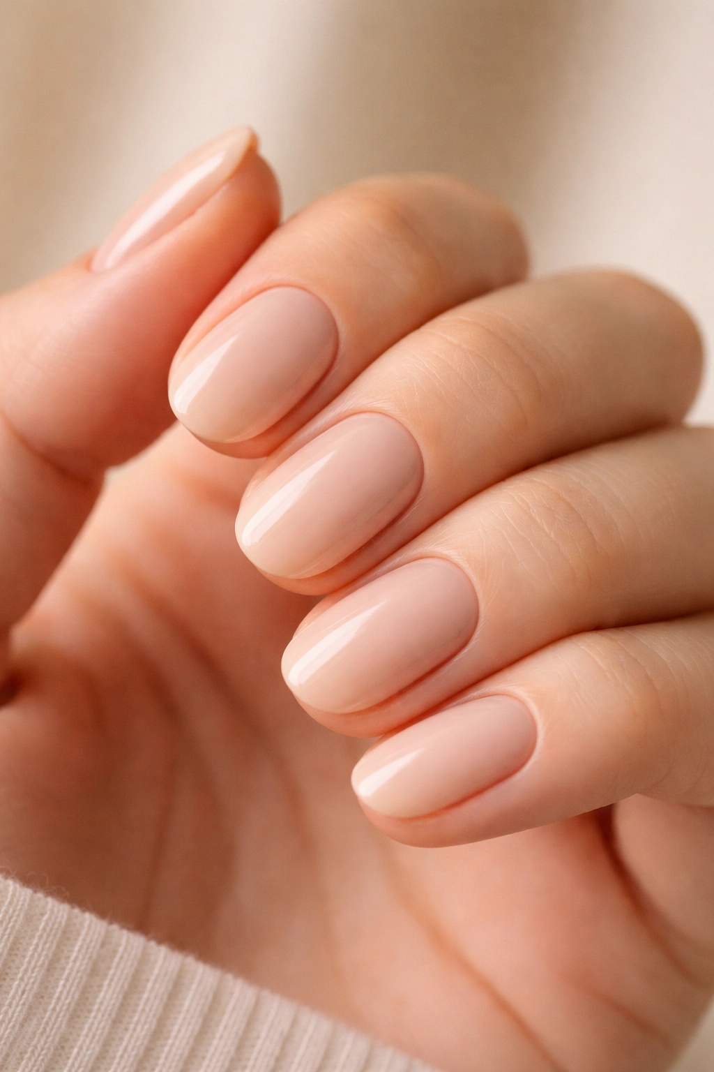 Close-up of short oval nails in creamy almond nude shade on a neutral backdrop