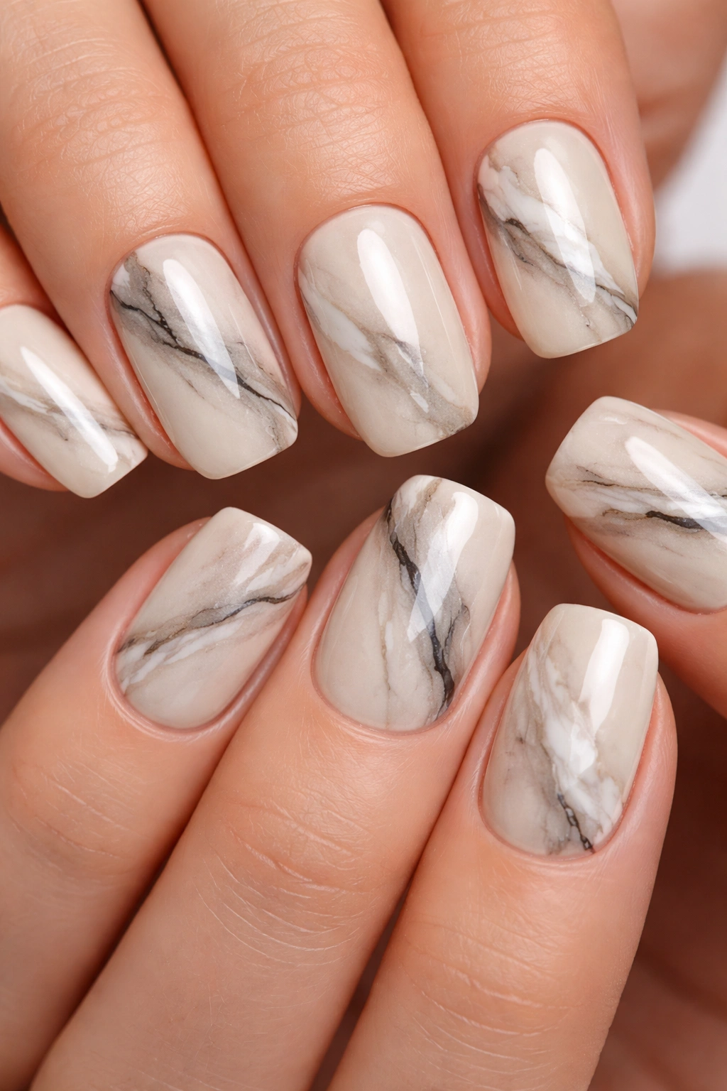 Creamy beige nails with encapsulated marble veins in white, gray, black