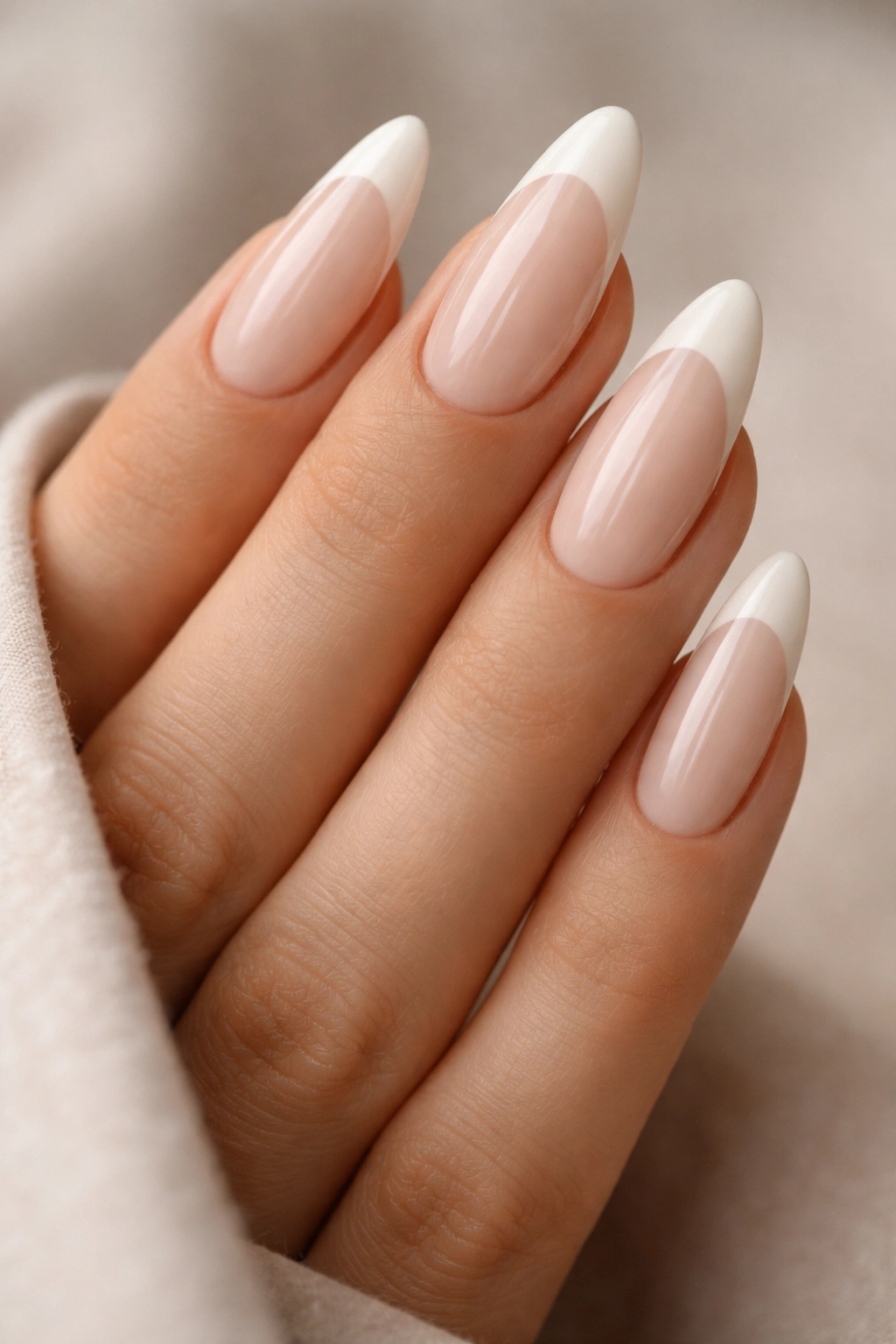 Close-up of long almond nails with creamy beige French tips on a neutral background