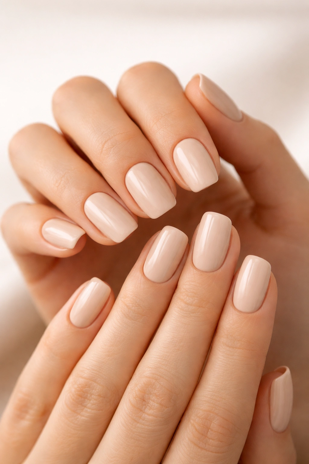 Close-up of creamy beige squoval nails with velvety finish.