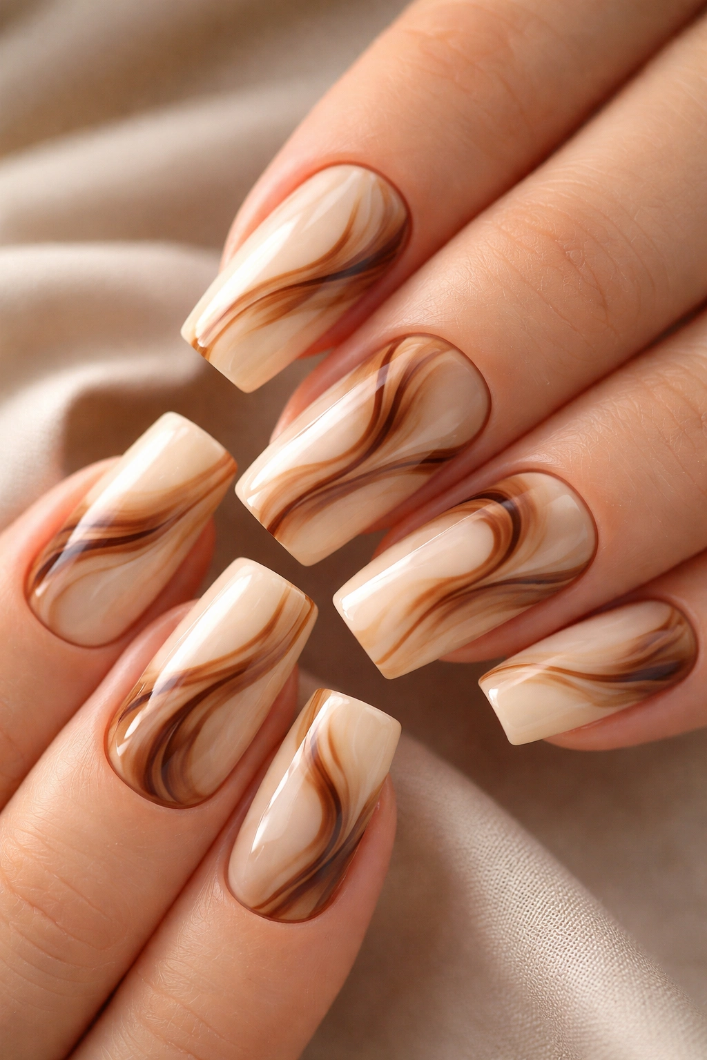 Close-up of creamy caramel swirl nails on soft square nails with flowing caramel and chocolate swirls