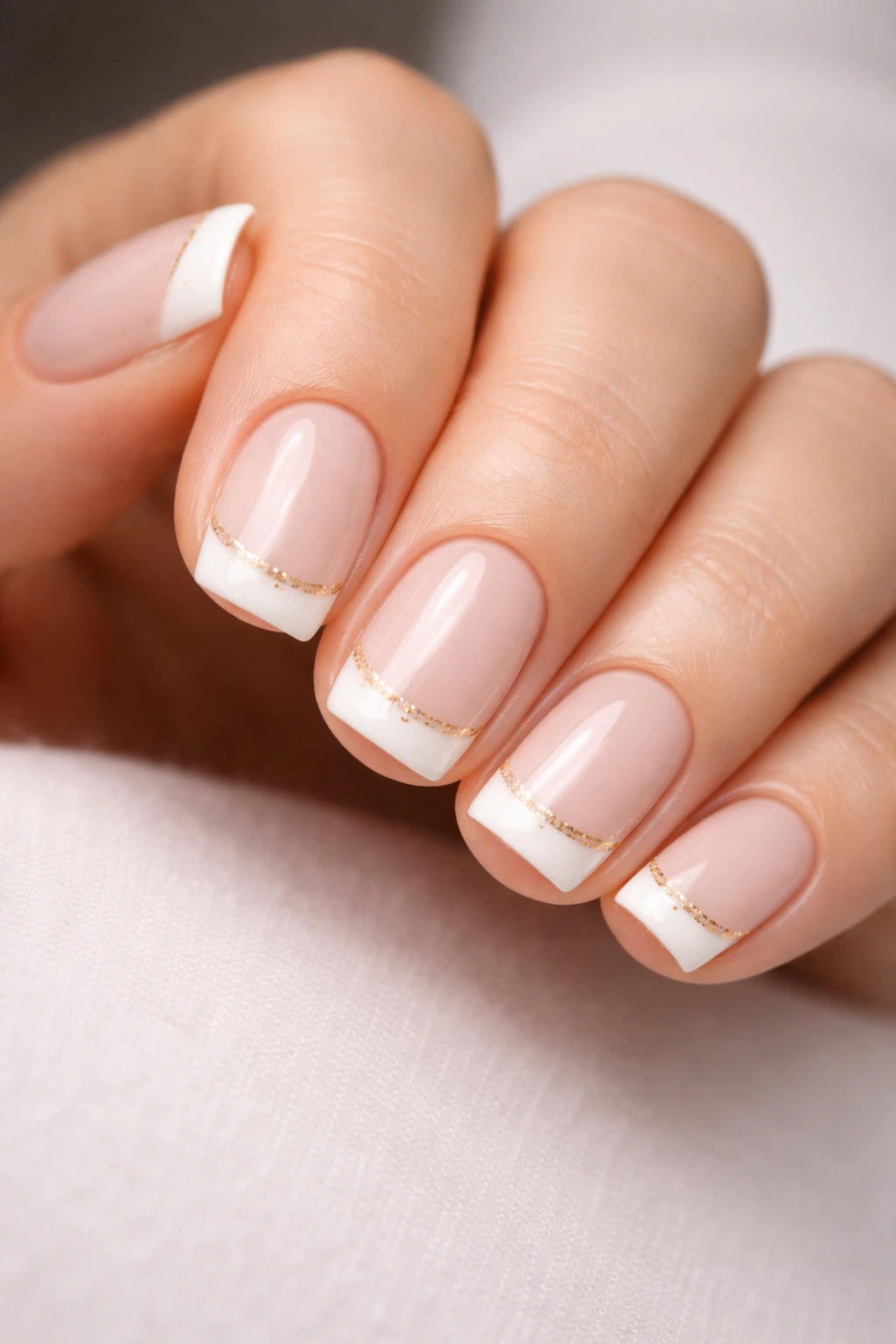 Close-up of short nails with creamy nude base, white tips, and subtle gold accents