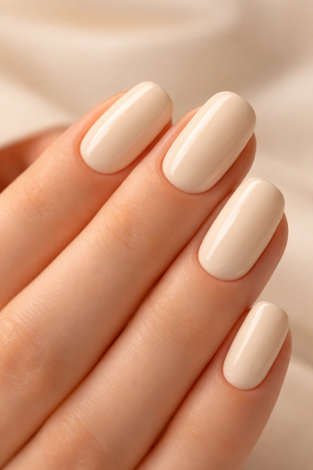 Close-up of hands with Creamy Ivory nails in warm ivory polish